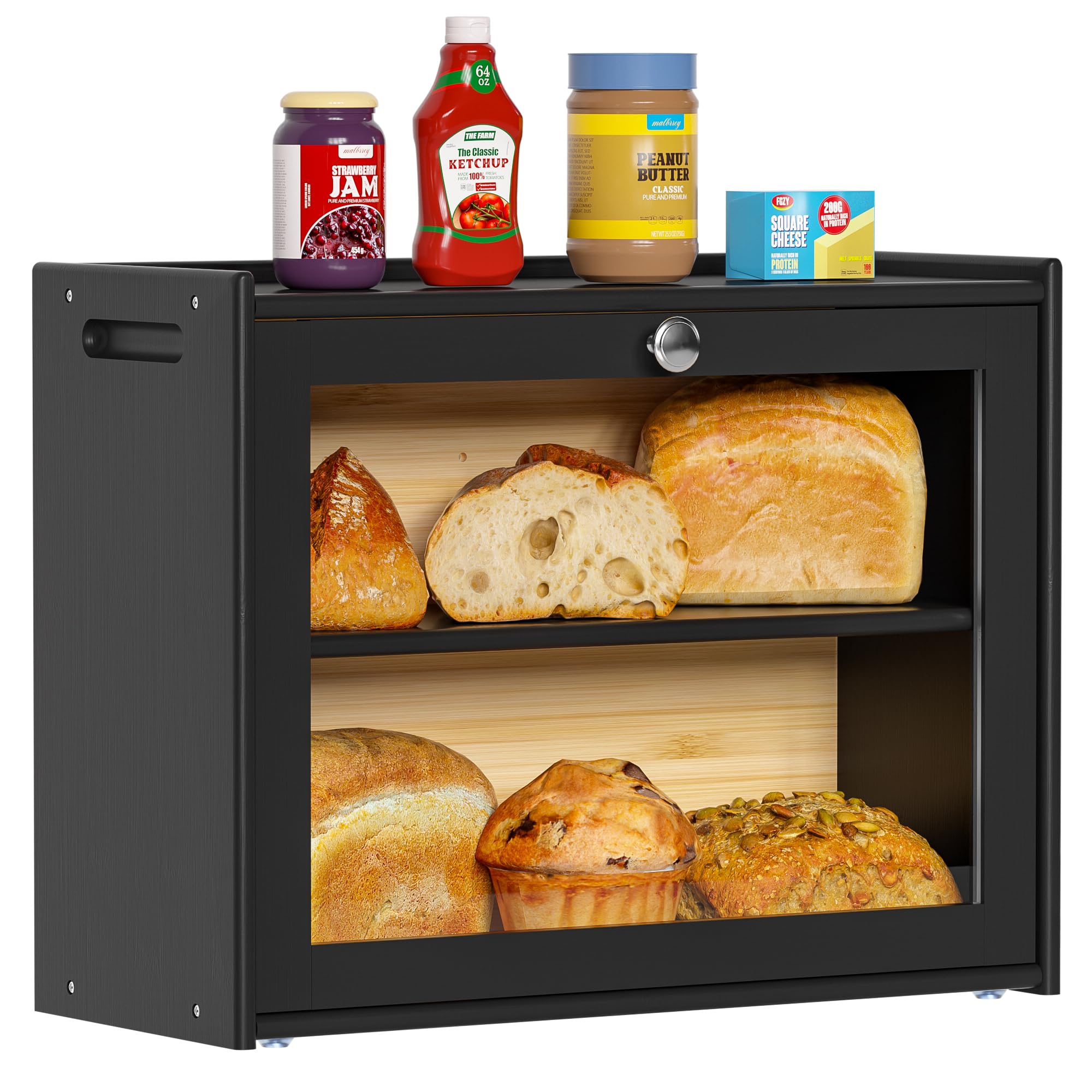 Brotkasten Bambus mit Belüftung 2 Regale Brotbox 40x31x17cm | mit Großes Sichtfenster, Brotbehälter, Brotaufbewahrung