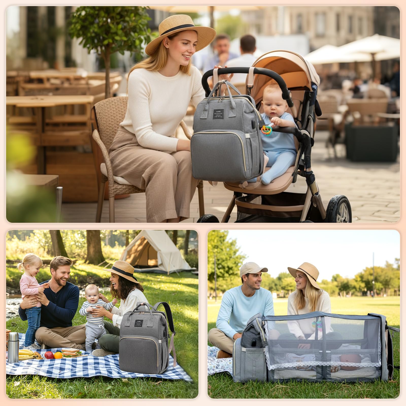 Sac à Dos à Langer pour Bébé, 35L Grande Capacité Sac de Maternité, Sac de Voyage avec Lit de Bébé Portable, Sac à Couches Multifonction avec Serviettes Urinaires et Moustiquaires de Poussette