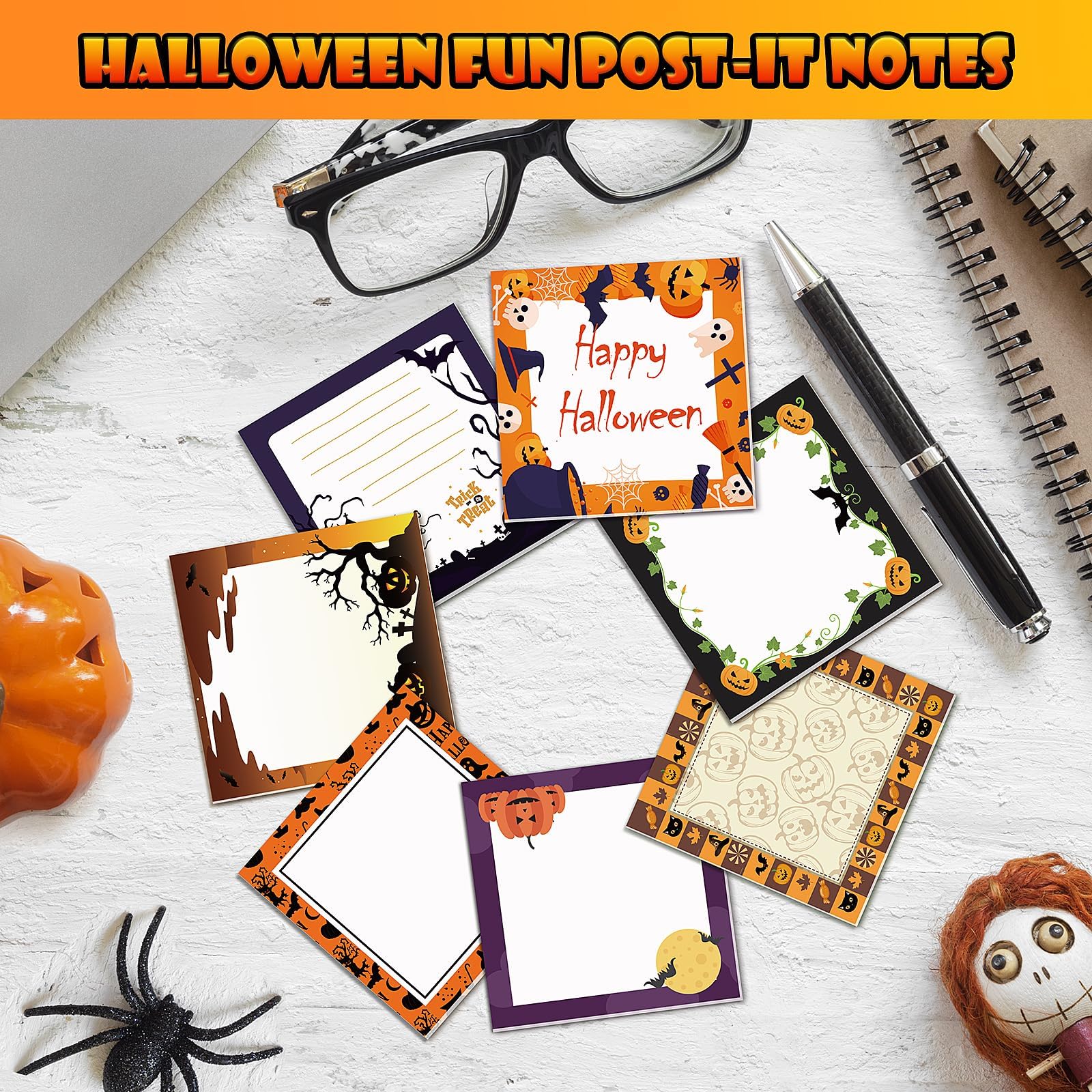 16 Stück Halloween Haftnotizen Selbstklebend Halloween Post It Notes mit Spinne Kürbis Fledermaus Augapfel Halloween Memo Notes für Halloween Schule Büro Zuhause Studenten Lehrer Geschenke je 30 Blatt