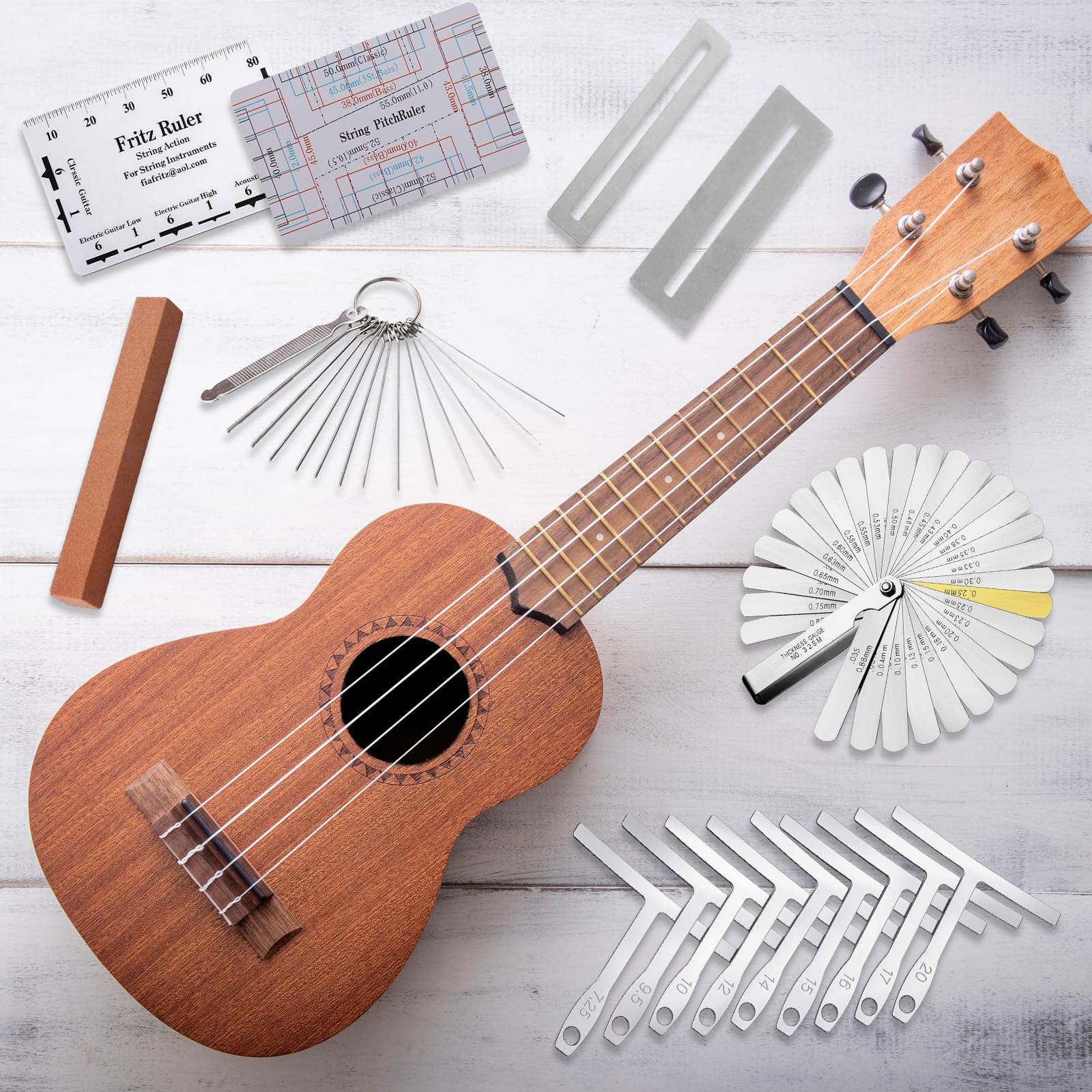 Gitarren Werkzeug Set Messwerkzeug für Die Gitarre Gitarren Tool Set Enthält Kunststofflineal Silbernen Pads Spaltlehre Roten Wetzstein Feile Und 9 T Winkel Geeignet für Bass Banjo Usw