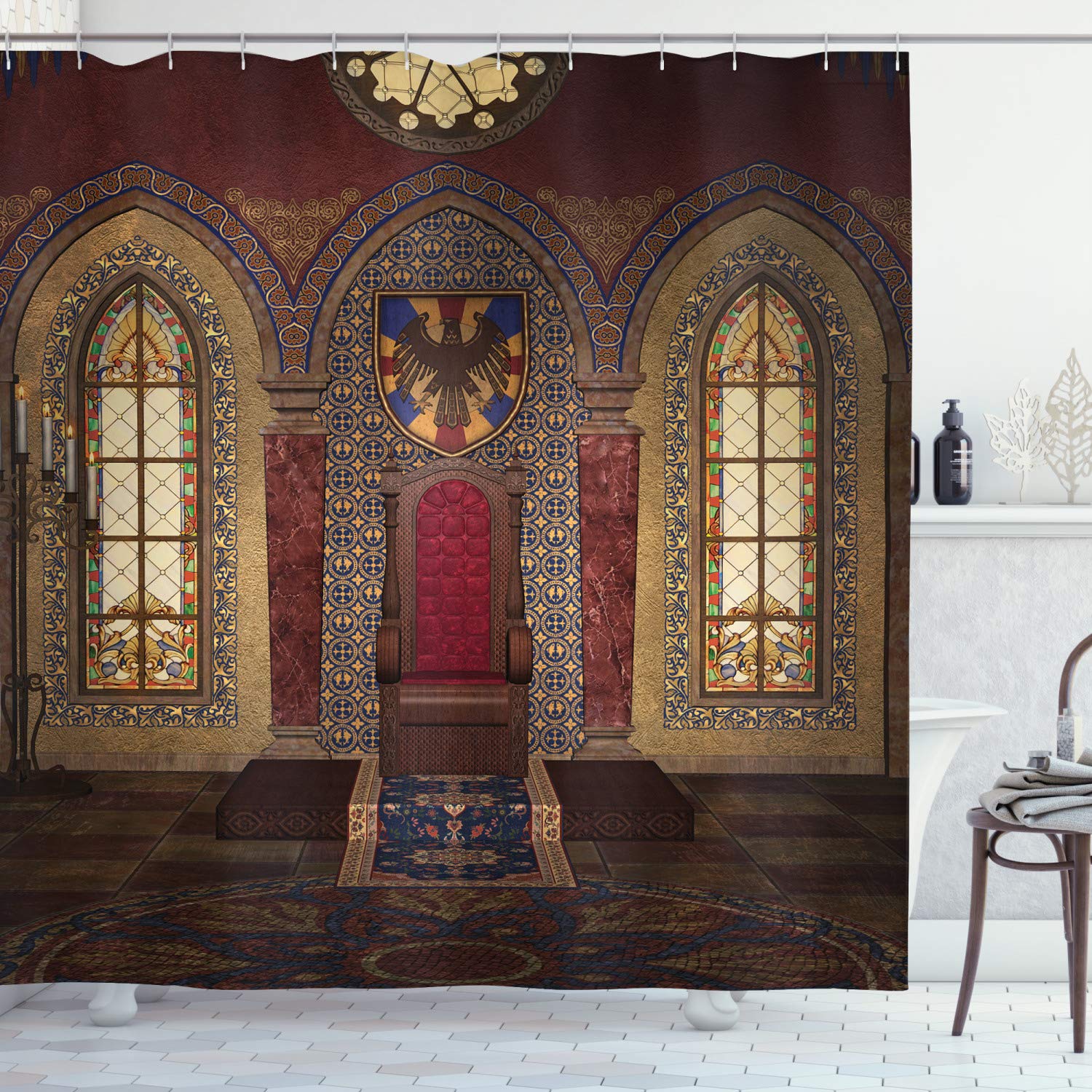ABAKUHAUS Gothic Shower Curtain, Red Medieval in Chapel Eagle Portrait on Wall Fantasy Building Print