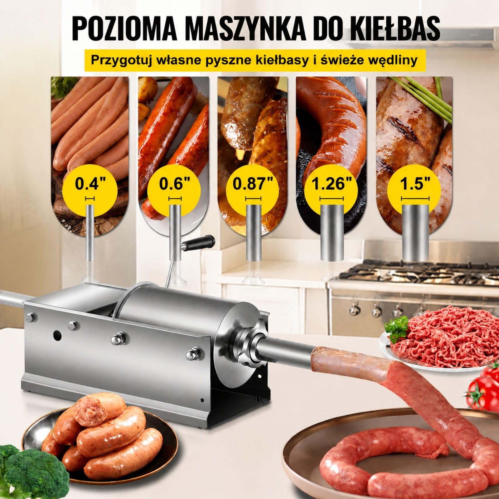 Ręczna pozioma nadziewarka do kiełbas 3 l ze stali nierdzewnej z 5 lejkami do kuchni