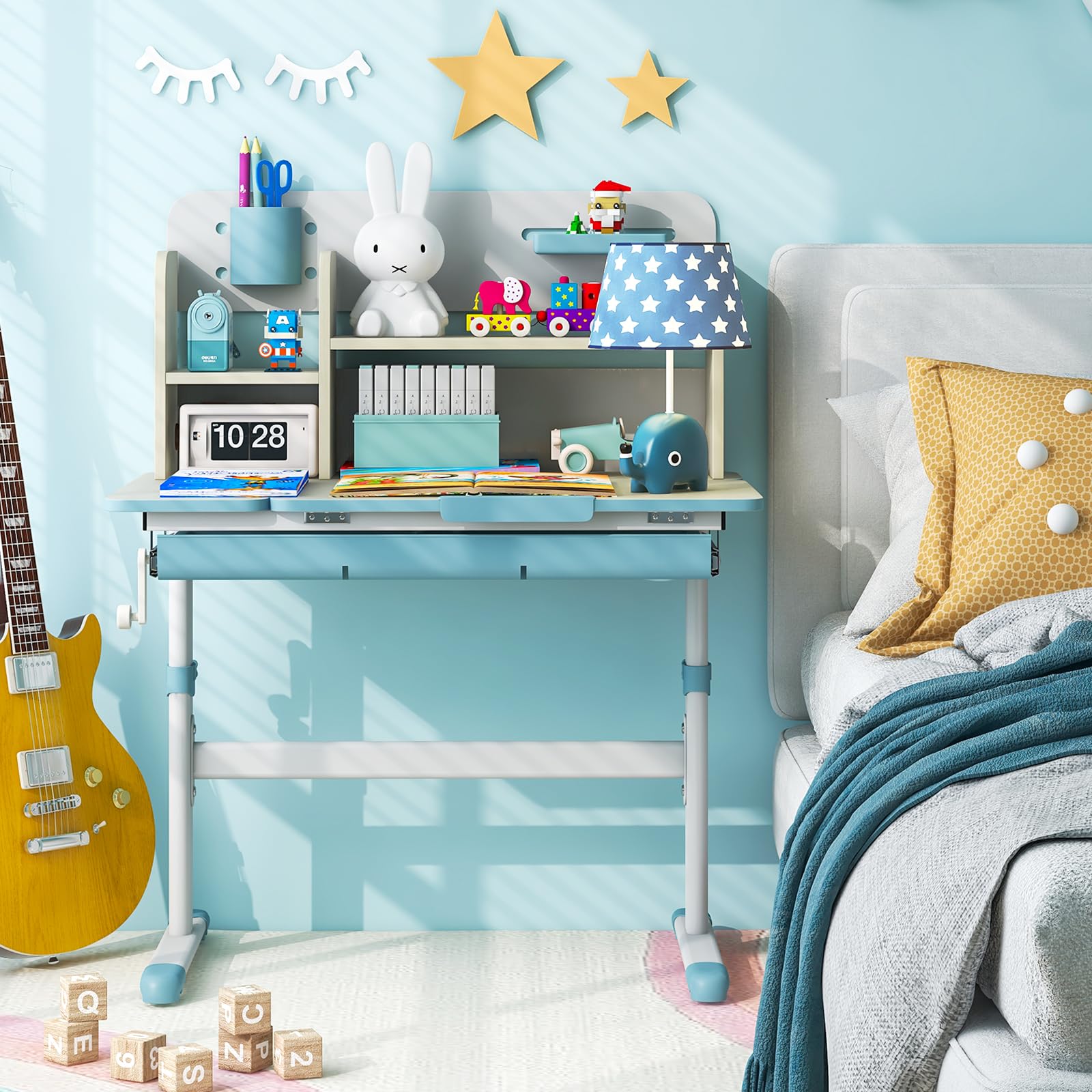 COSTWAY Escritorio de Estudio para Niños, Mesa de Escritura Juvenil de Altura Ajustable con Tablero Inclinable, Aparador, Cajón, Bandeja, Portalápices y Regla de Escala para Niños de 3-12 Años (Azul)