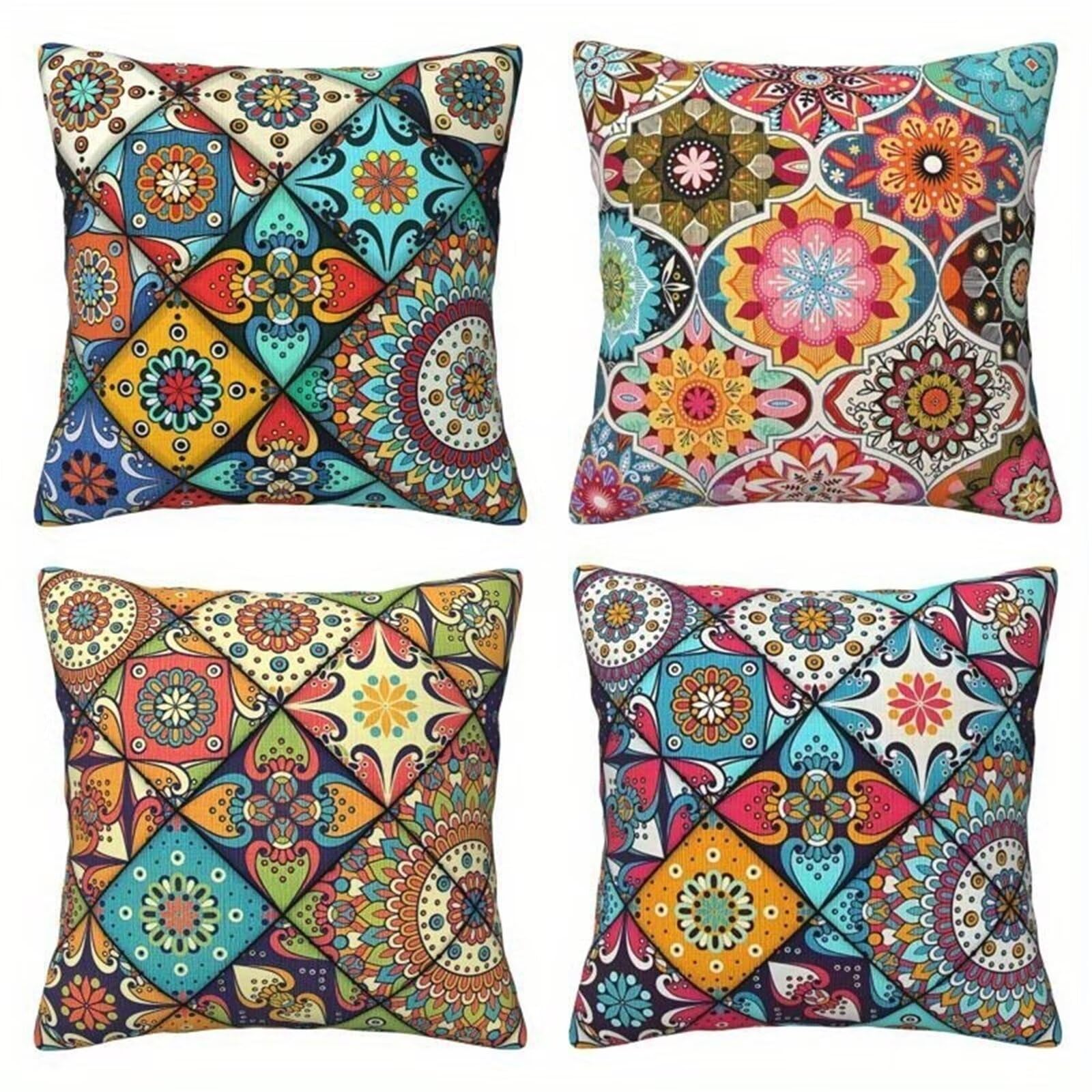QiHon Set of 4 Decorative Linen Cushion Covers 60x60 cm, Modern Bohemian Geometry Square Throw Pillow Cases with Invisible Zipper, Breathable Pillowcases for Sofa Couch Living Room Bedroom Garden