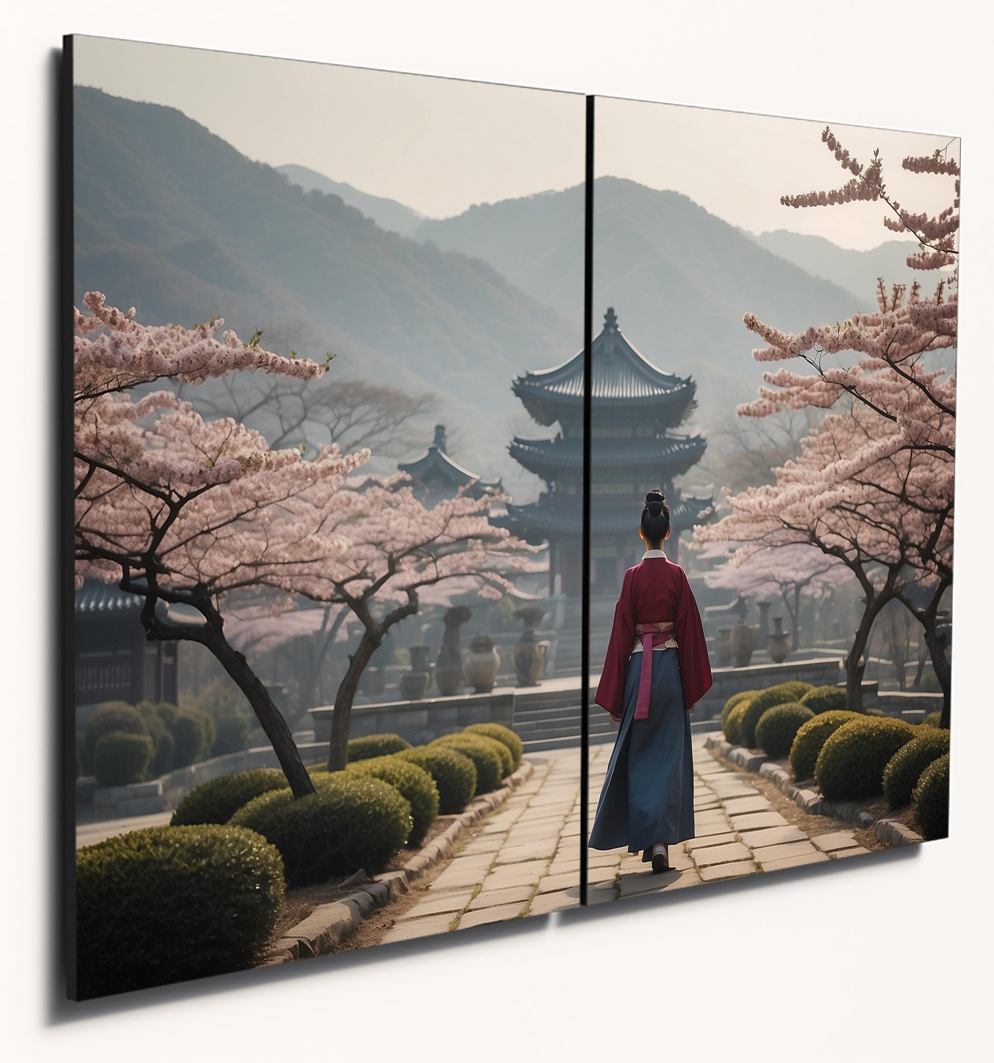 The Plum Penguin Traditional South Korean Garden Scene Wall Art, A4 Twin Set, 6mm MDF Wood Print Canvas Alternative 40 x 30cm