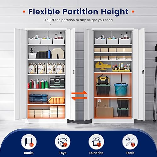 Vista 38 de Yizosh Armario de almacenamiento de metal para garaje con cerradura, gabinete de herramientas de bloqueo de 71 pulgadas con 2 puertas y 5 estantes