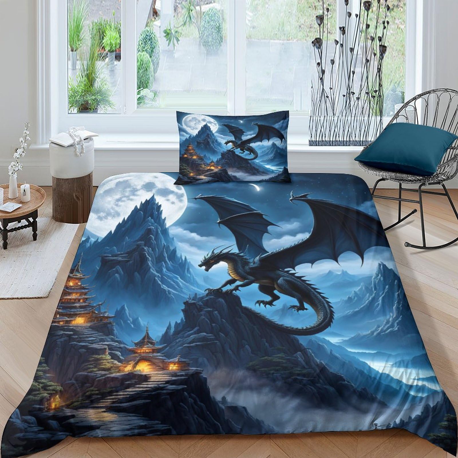 TNFHSOFT Flying Dragon Duvet Cover Set Kids Bedding Set for Boys Girls Adults 3 Pieces Quilt Cover Zipper Closure with Pillowcase Single（135x200cm）