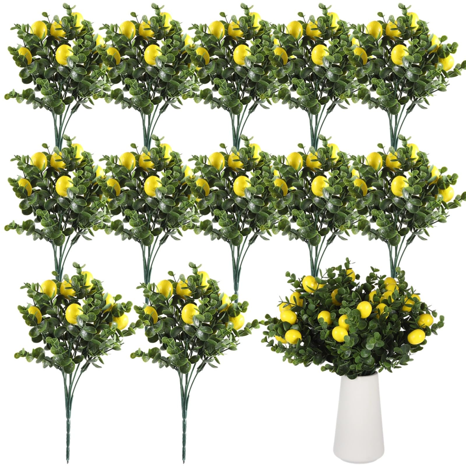 SWEWARM 12 PCS Artificial Lemon Branches, Faux Yellow Lemons with Flexible Green Stems, Easy-Shape Realistic Fruit Picks for Centerpieces, Kitchen & Home Decor