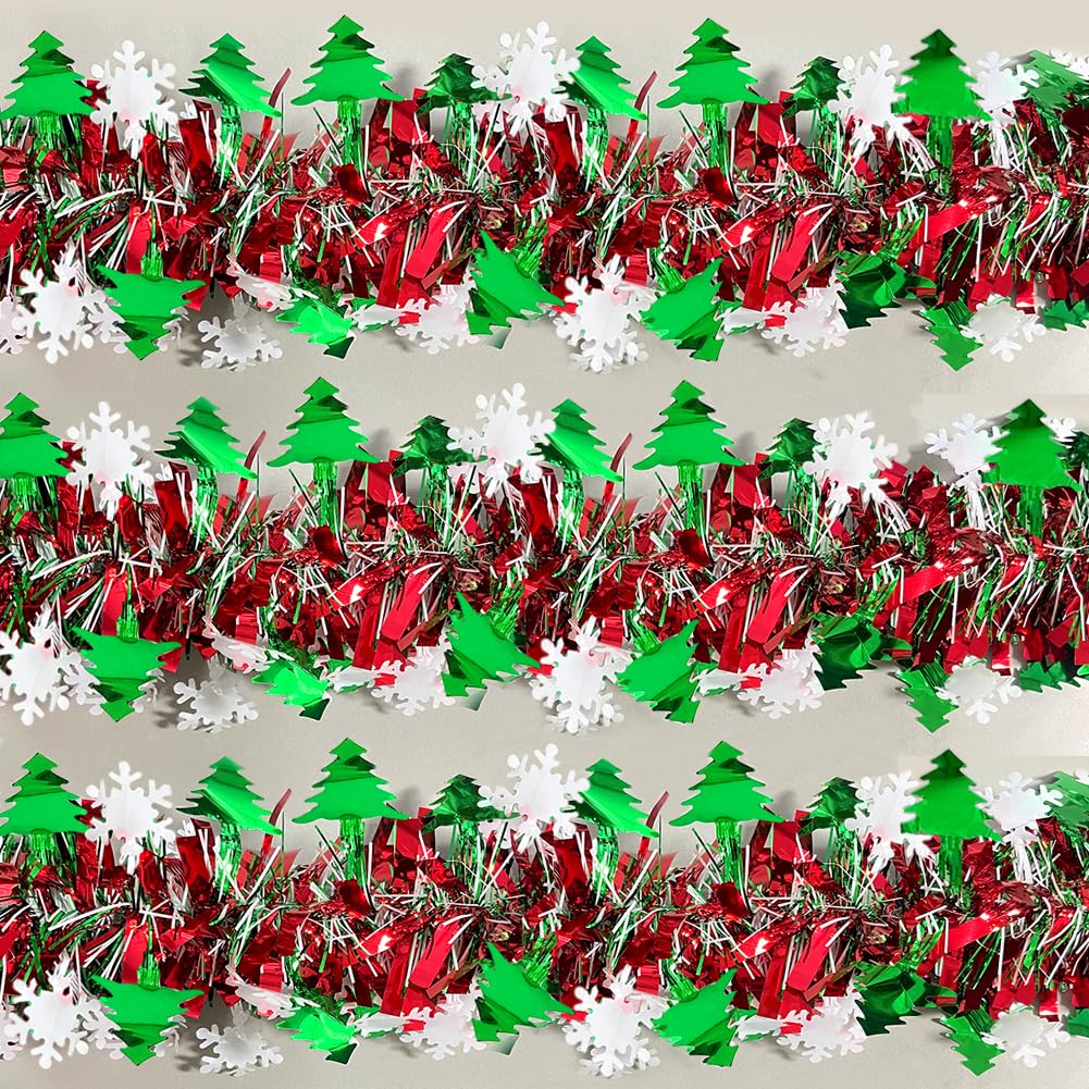 66 Ft Christmas Tinsel Garland Shiny Thick Red &amp; Green with Tree and Snowflake Design Xmas Tree Metallic Twist Hanging Foil Garland for Christmas Birthday Holiday Indoor Outdoor Party Decor