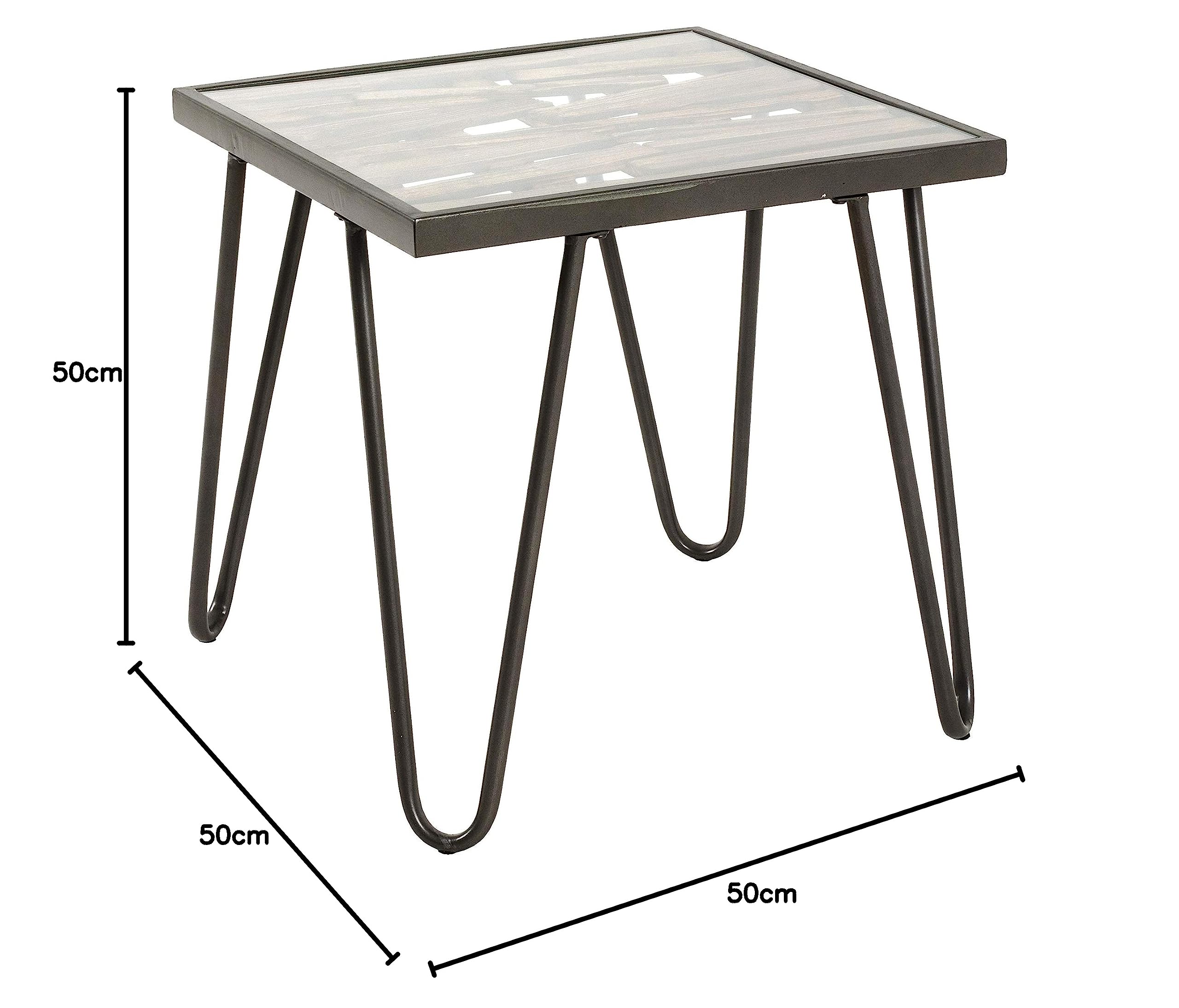 HAKU Tavolino in legno massello naturale, metallo antracite, vetro di sicurezza, tavolino da divano in legno - Dimensioni: L 50 x A 50 x P 50 cm Stile: Art Déco