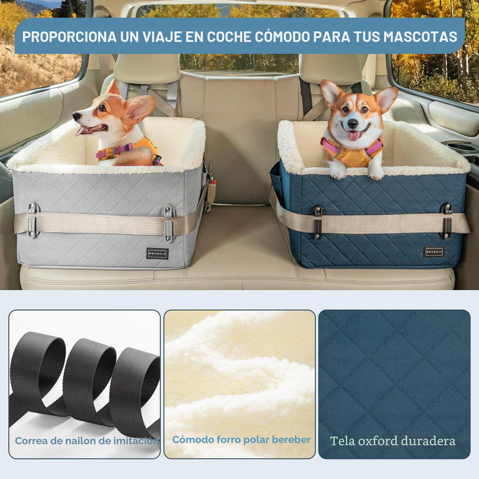PETS FIT Asiento Perro y Coche Ajustable 12,5cm + Transportín Patente | Funda Lavable, Clip Seguridad | Cama Perro Coche para Mascotas hasta 12kg