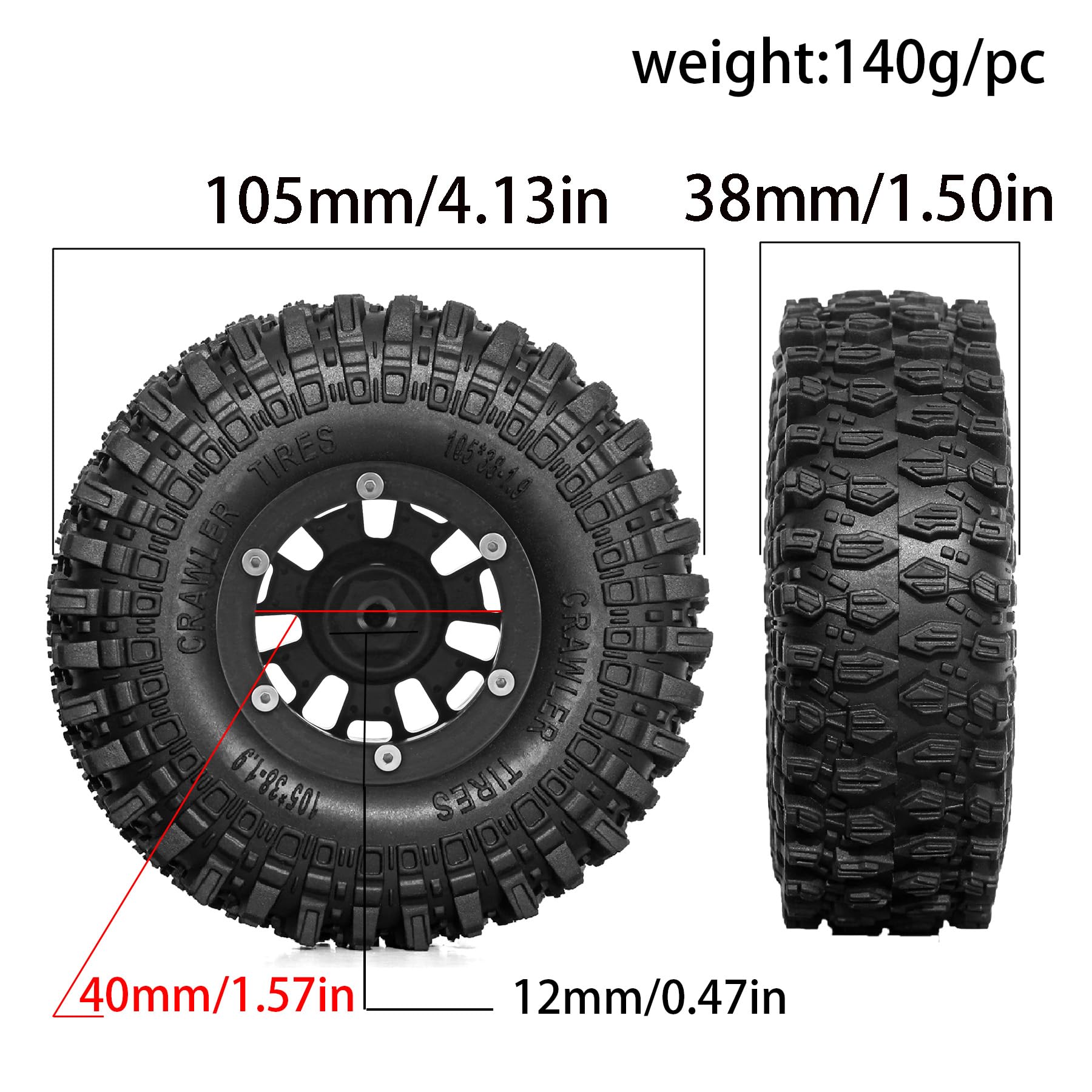 REDSPIDER 1.9 Beadlock Wheels and Tires Set?4PCS?1.9 Wheels Soft Rubber Tires OD 4.13''.for 1:10 RC Crawler Axial SCX10 90046 SCX10 III AXI03007 Tamiya CC01 D90 D110 (Red)
