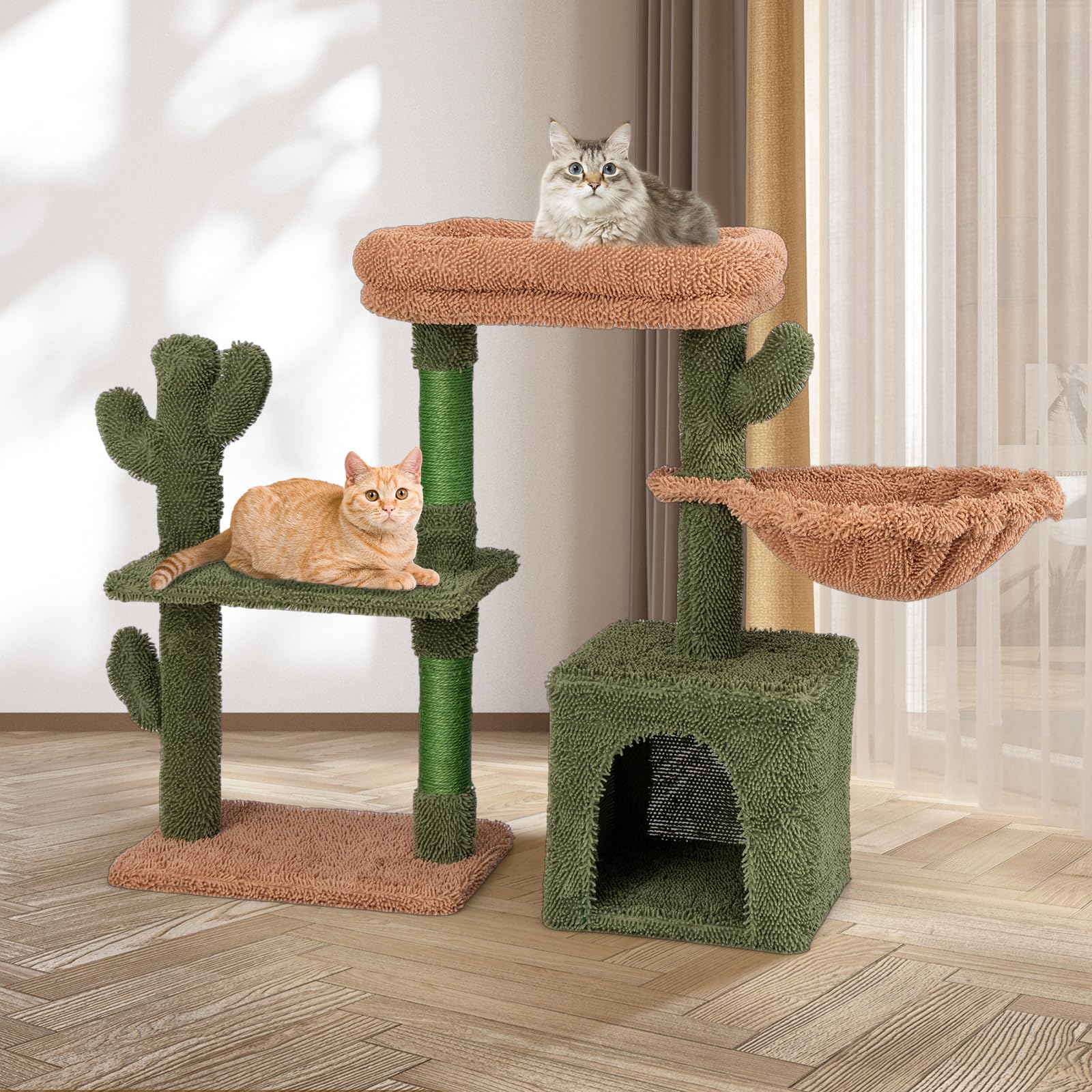COSTWAY Tiragraffi per Gatti Moderno, Torre per Gatti Estetica a Forma di Cactus con Ripiano, Condo, Amaca, Posti per Graffi in Sisal e Cuscino Lavabile, Albero per Gatti Adulti e Cuccioli