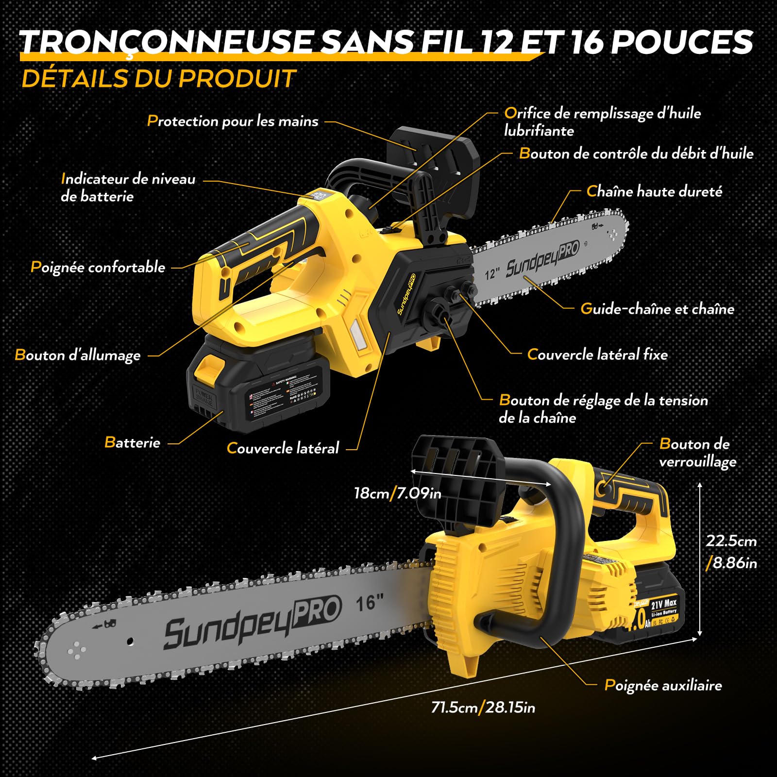 12+16 Pouces 21V Brushless Tronçonneuse Sans Fil à Batterie | 2x4.0Ah Batteries, Débit D’huile Réglable, Lubrification Automatique, Tensionneur Sans Outil, pour Élagage Abattage D'arbres