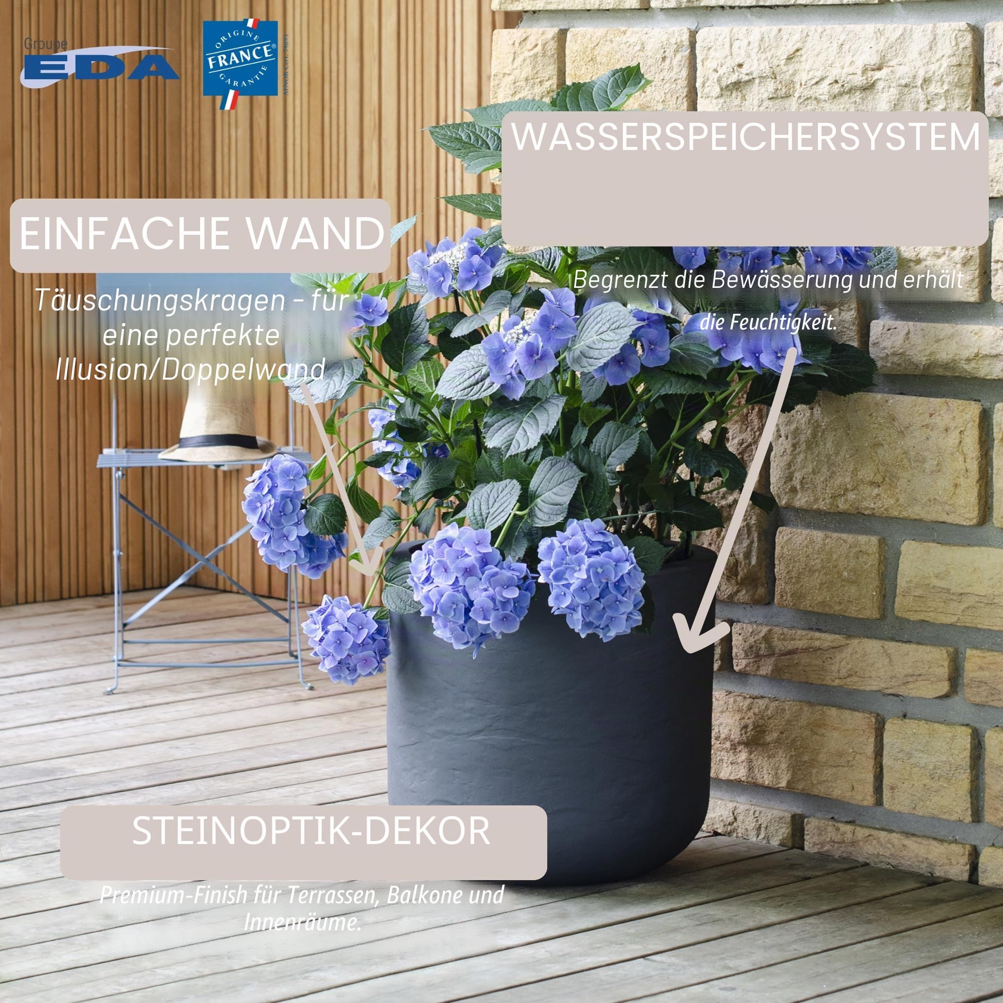 EDA - Blumentopf, rund, 50 cm, Volcania'Up 67 l, Steinoptik, einwandig, Wasserspeicherbereich, Ø 48,5 x H.46,2 cm, Anthrazitgrau