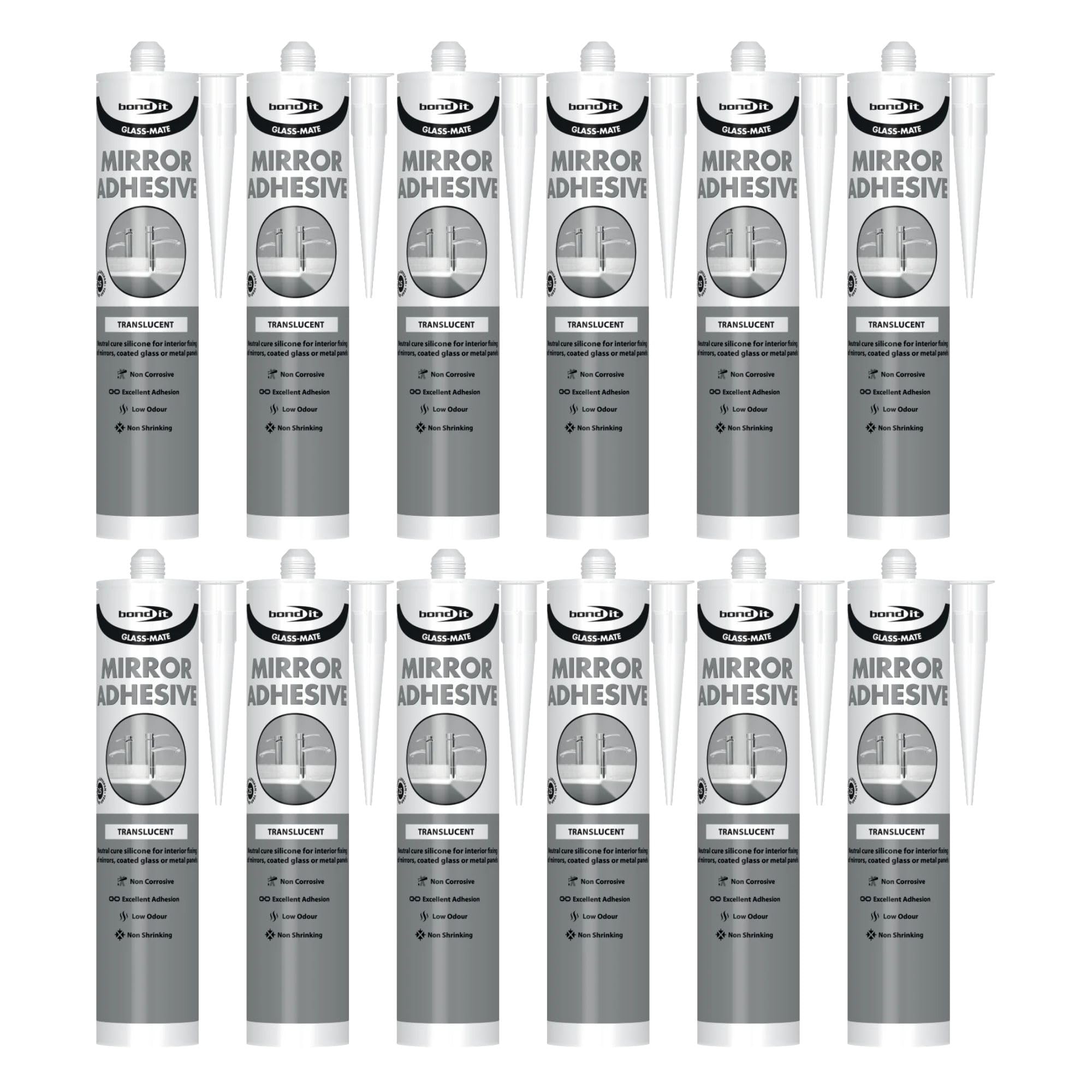 Bond It GLASS-MATE Mirror Adhesive – 12x Translucent, 285ml | Premium Strong Silicone Adhesive for Interior Mirrors, Glass & Metal Panels