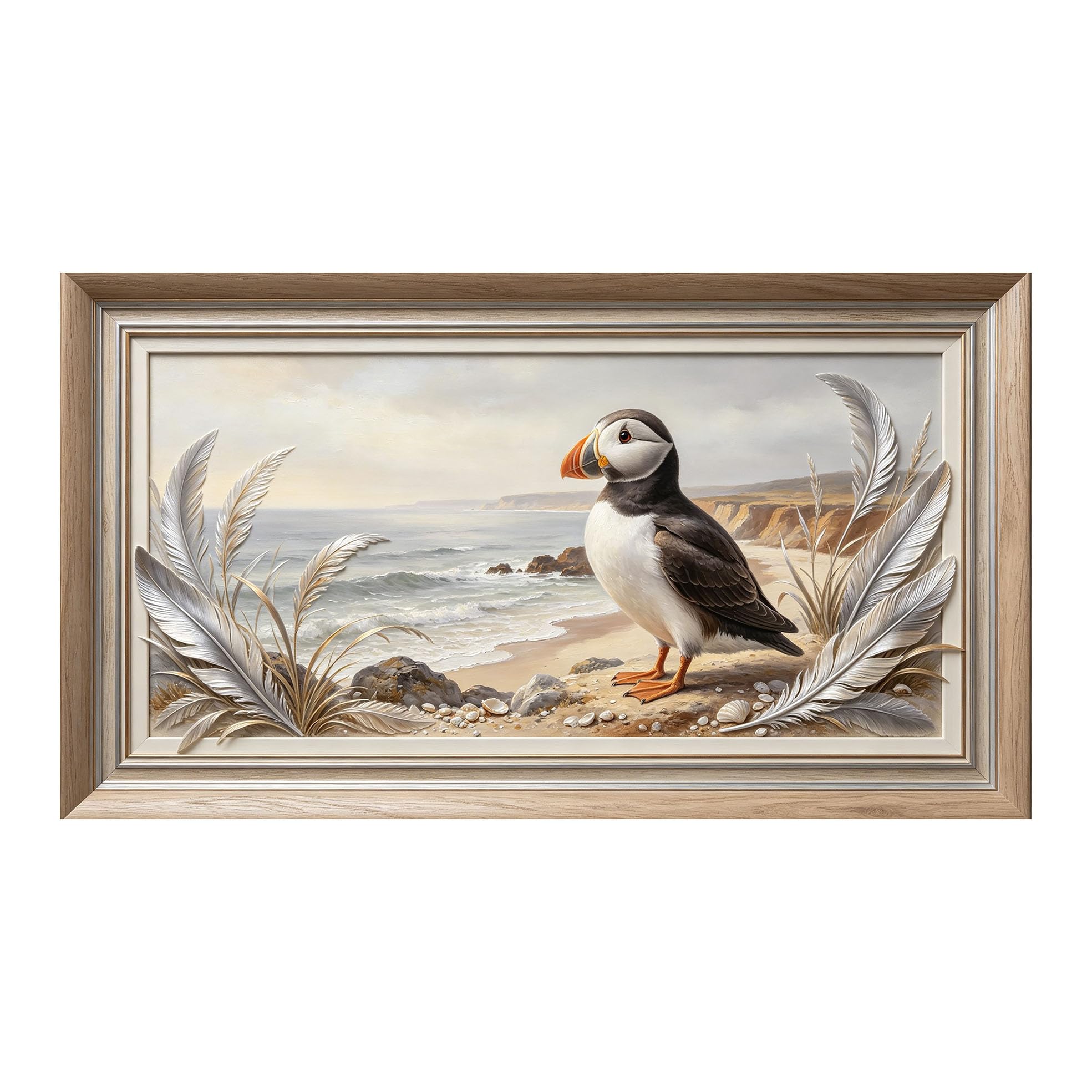 Yzpallescene 3D 3D Framed Wall Art 50cm×90cm Coastal Puffin Seascape Oil Painting Large Size SelfAdhesive Removable Wall Decor Prints Artwork for Living Room Bedroom Office