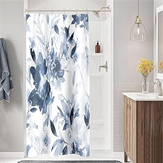 Small Stall Shower Curtain 36 x 72 Inch, Half Narrow Dorm Watercolor Floral Fabric Shower Curtain, Modern Abstract Navy Blue Flower Bathroom Shower Curtain Set with Hooks