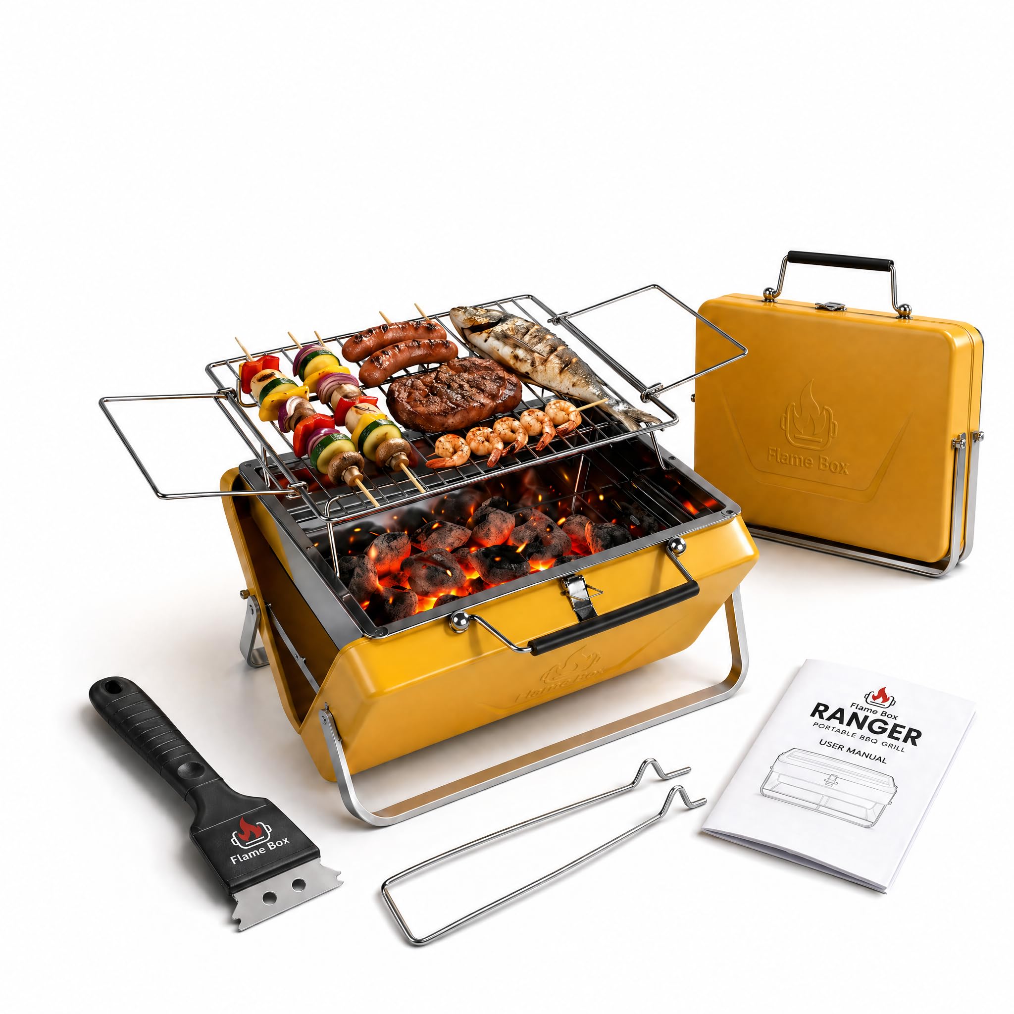 Ranger Portable Charcoal Grill – Compact Lunchbox‑Style Folding BBQ for Camping & Beach| Dual‑Zone Heating, Stainless Steel Body, 3-sec Setup, Includes Tong & Cleaning Brush, Serve 2-3 people