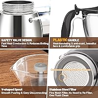 Vista 5 de Olla de plástico transparente de 4 tazas de acero inoxidable sin recubrimiento, cafetera italiana, cafetera moca greca, cocina clásica de inducción