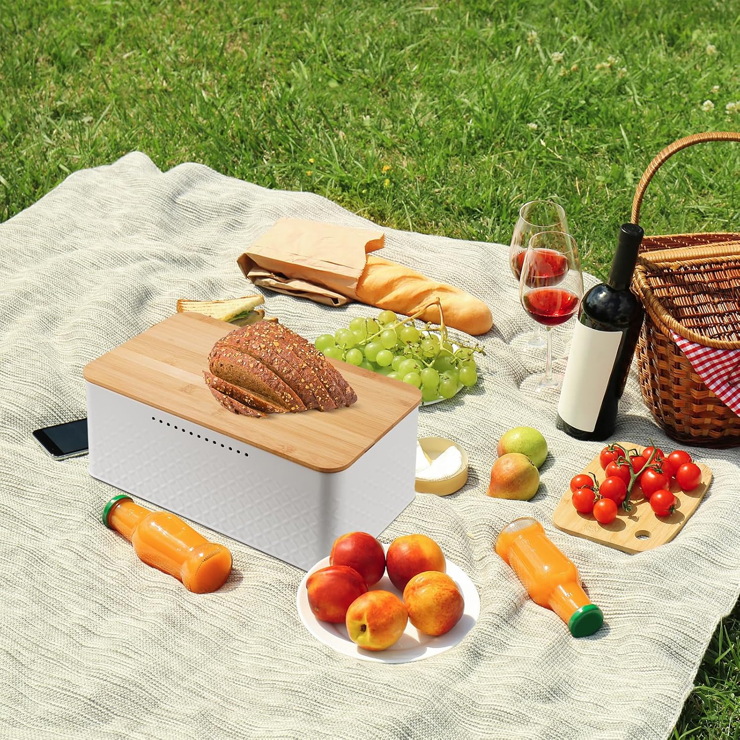 Phyllia Bread Box, Metal Bread Storage Container with Bamboo Lid Usable as Cutting Board, Breadbox Holder for Kitchen Countertop, 13 x 7 x 5.3 inch (White)