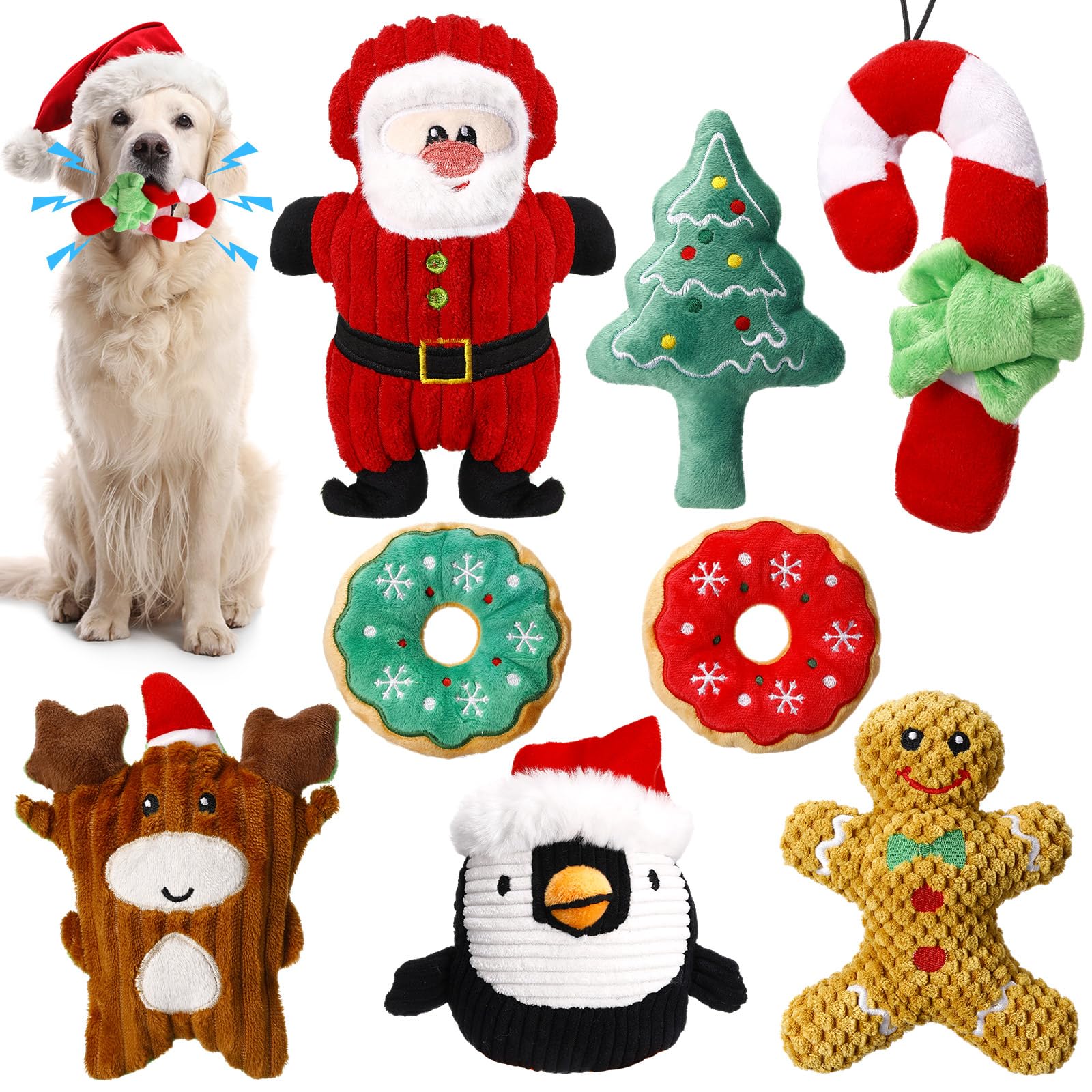 Lot de 8 jouets de Noël pour chien - Jouets couineurs interactifs en peluche avec couineur pour chiens de petite, moyenne et grande taille - Nettoyage des dents