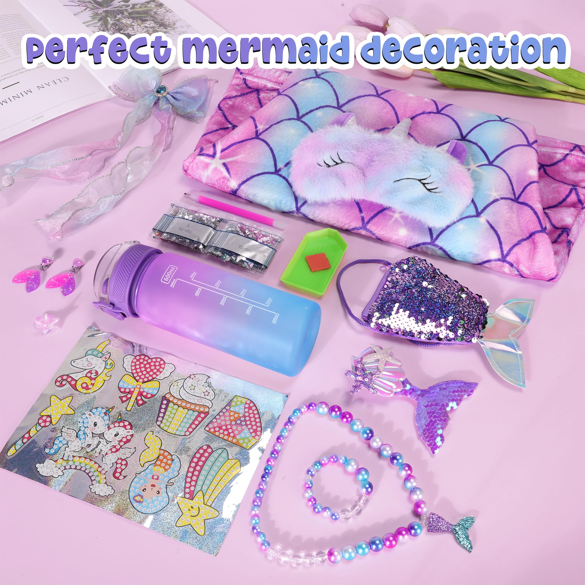Runeaoys Meerjungfrauenschwanz-Decke für Mädchen, Valentinstag, Ostern, Geschenke für Mädchen, Geburtstag, Diamant-Kunst-Kits mit Halskette, Armband, Ring, Ohrringen, Wasserflasche
