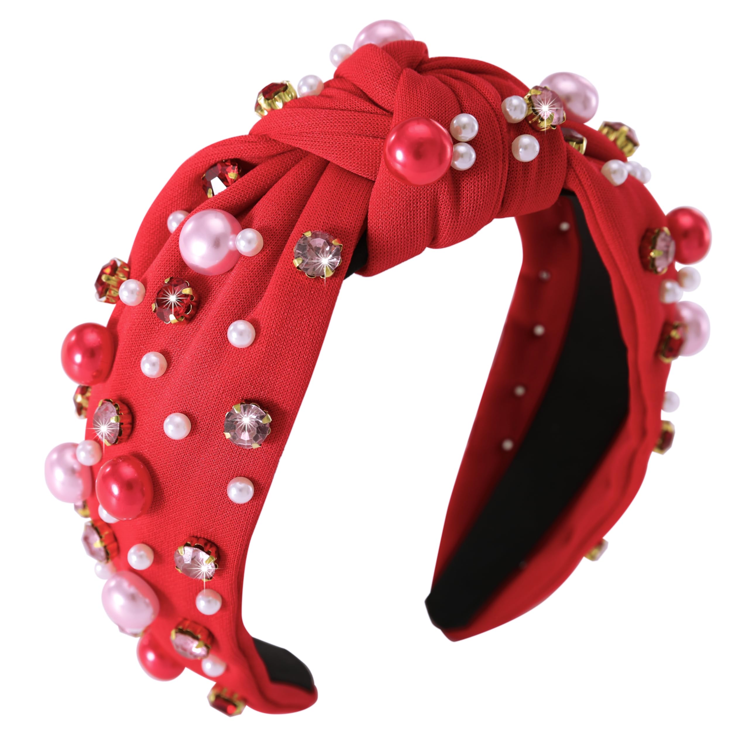 Gmmidea Valentines Day Headband for Women Pearl Rhinestone Knotted Headband Beaded Crystal Jeweled Hairband Wide Top Knot Red Head Band for Ladies