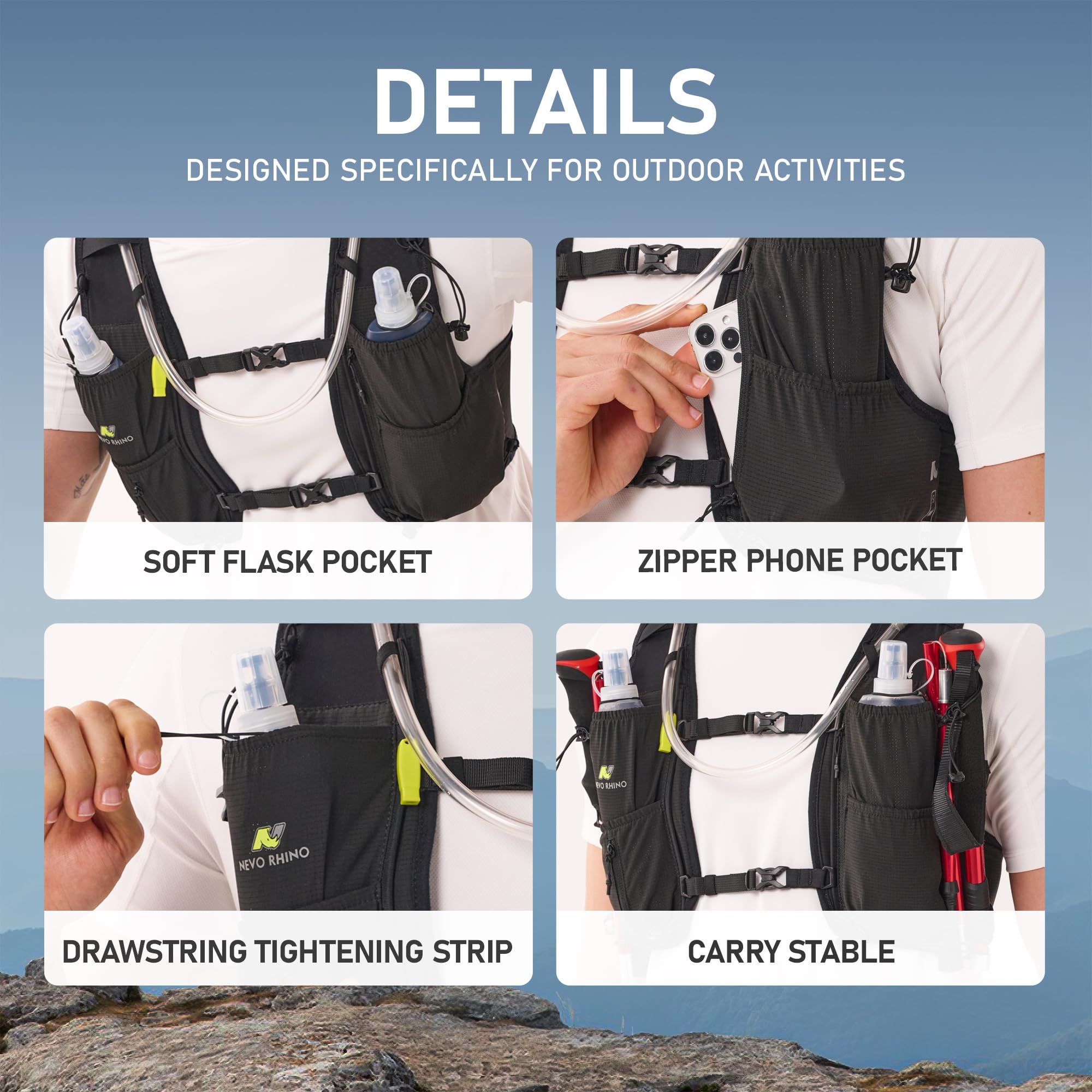N NEVO RHINO Laufweste für Damen und Herren, 5 l, leicht, mit 2 TPU-500 ml weichen Flaschen, atmungsaktiver Trinkrucksack für Trailrunning, Marathon, Wandern, Rennen