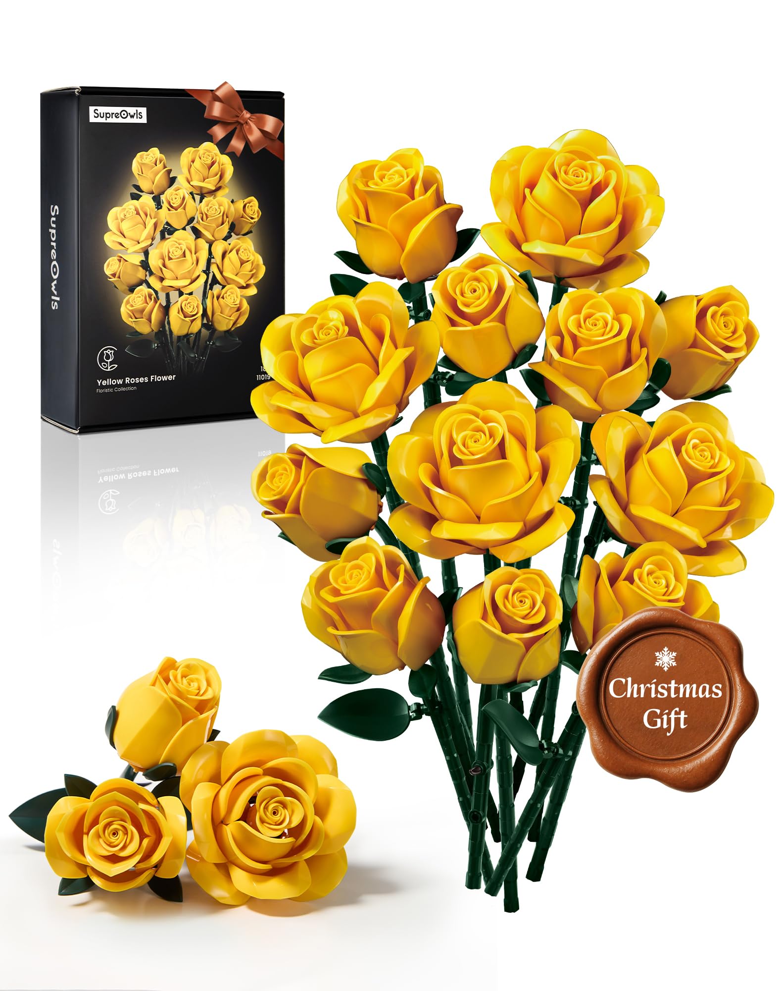 iATOM Burgundy Red Rose Bouquet Building Set, 12Pcs Flower Botanical Collection Kit for Adult, for Her/Girlfriend/Mom/Wife/Couple, Vintage Home Office Table Centerpiece Decor: Yellow Rose Bouquet
