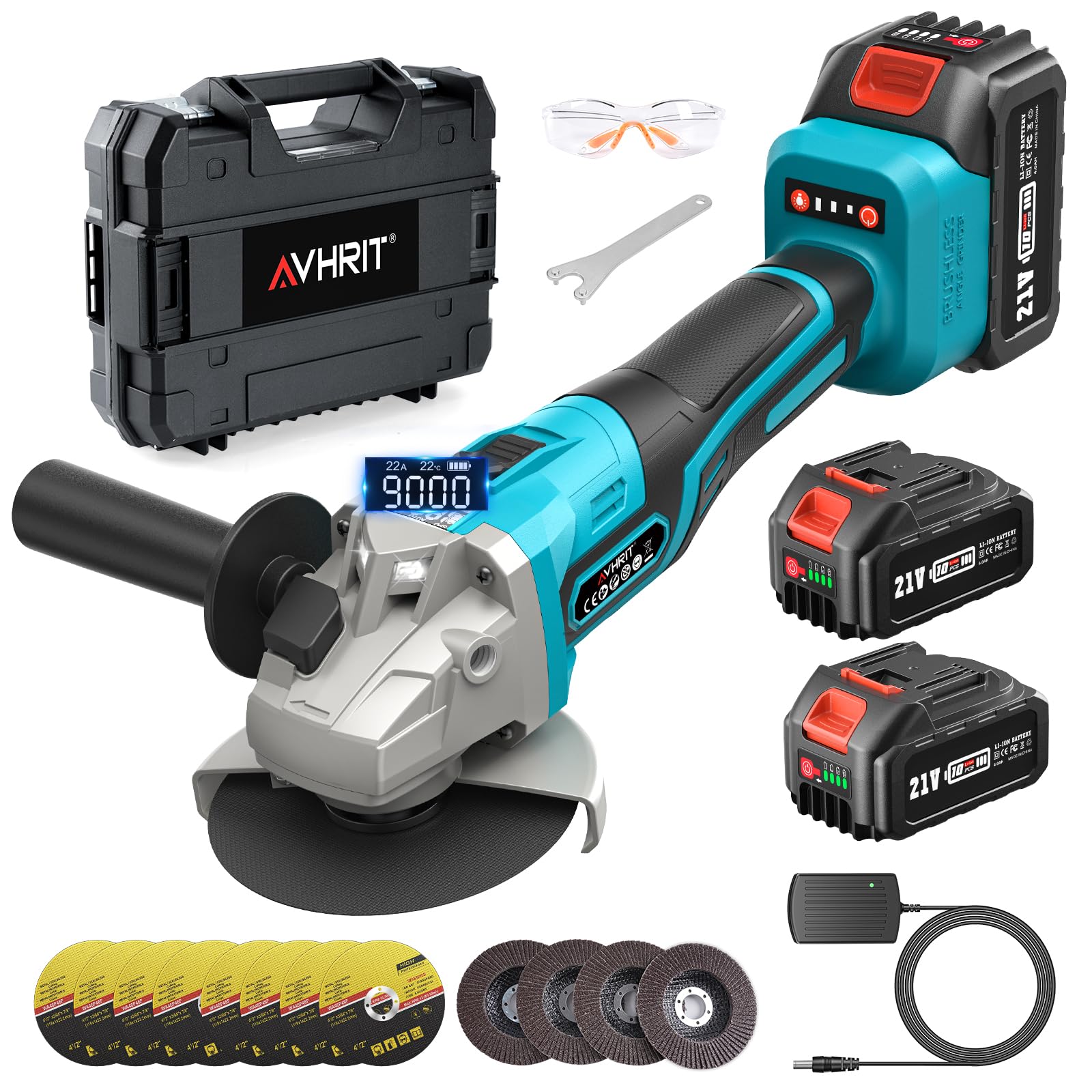 Smerigliatrice angolare a batteria da 125 mm, smerigliatrice angolare con 2 batterie da 4,0 Ah e caricabatterie, 9000 giri/min con dischi da taglio(21V/2x4.0AH)