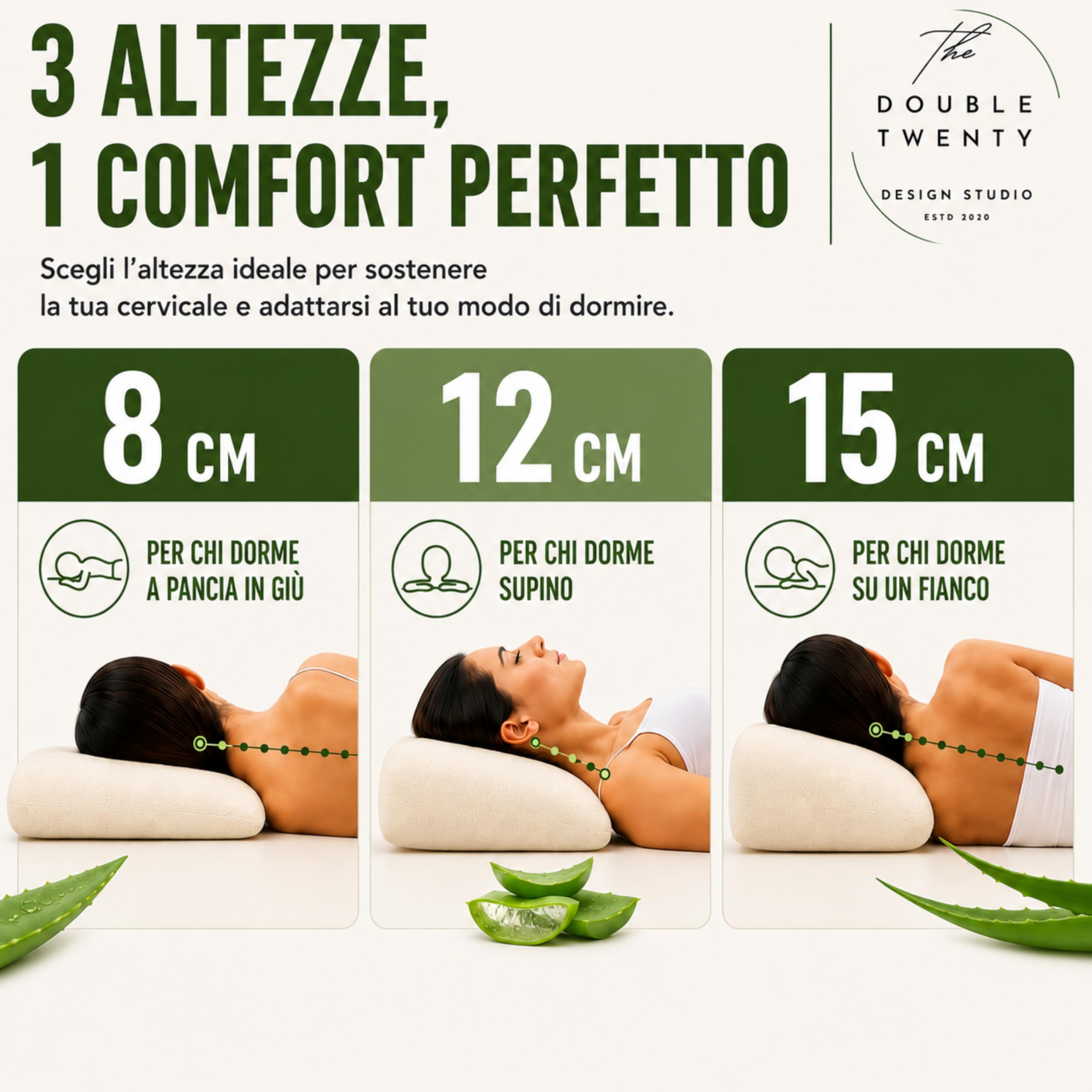 Double Twenty - Almohada cervical viscoelástica, altura 12 cm, 72 x 42 cm – Funda de Aloe Vera transpirable – Ergonómico Masajeador desenfundable antiácaros – Fabricado en Italia