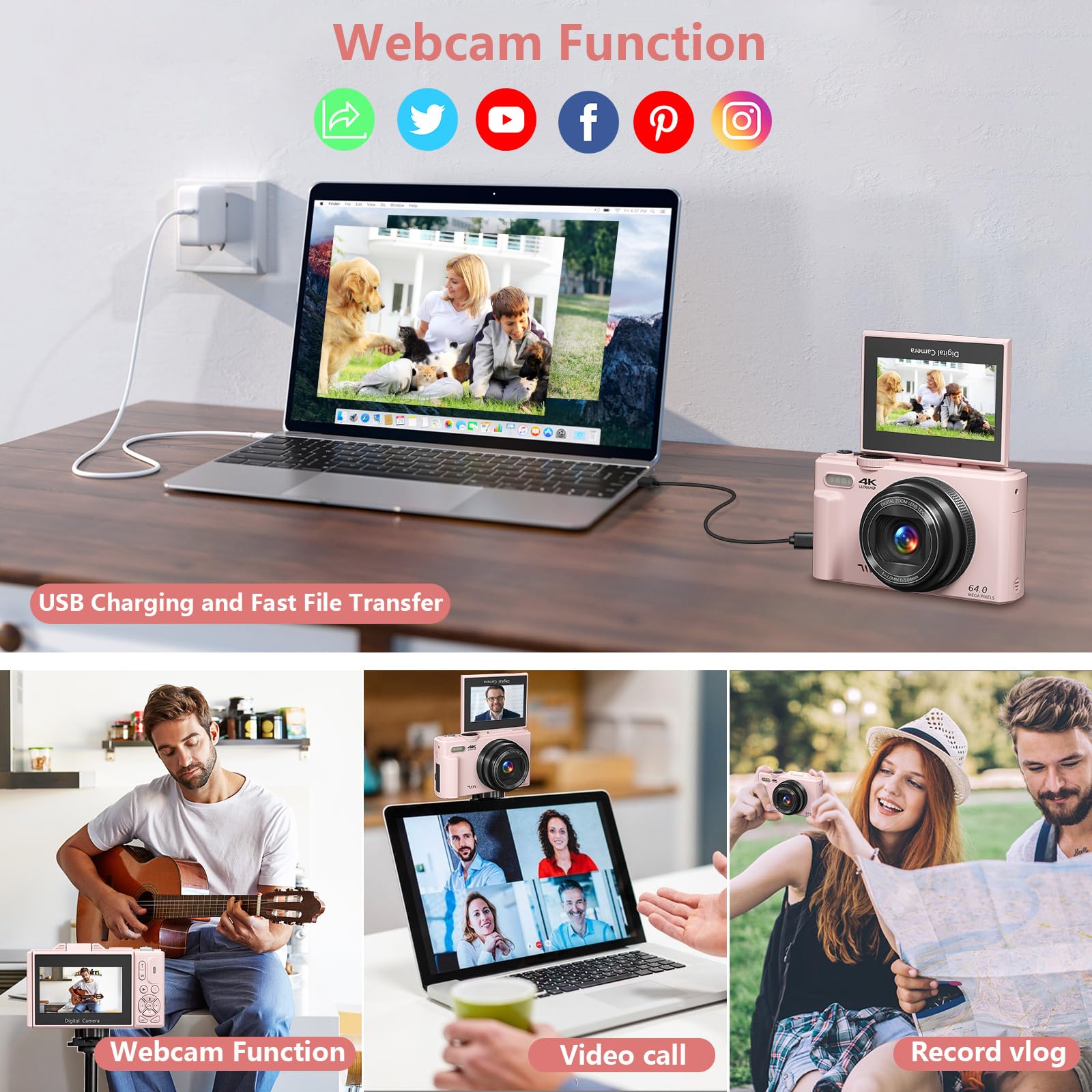 Fotocamera digitale per fotografia, 4K Vlogging Camera per YouTube 3 pollici 180° Flip Screen Zoom digitale 18X Fotocamera compatta con 32GB TF Card & 2 Batterie, Rosa