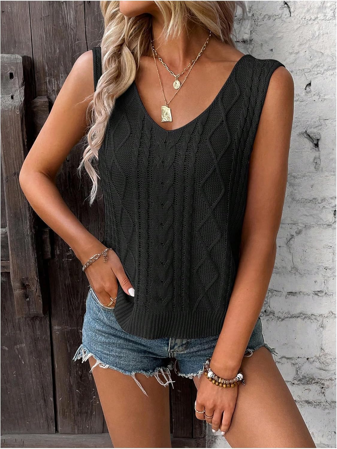 SOLY HUX Women's V Neck Sweater Vest Sleeveless Summer Casual Shirts Knit Tank Top - Image 2
