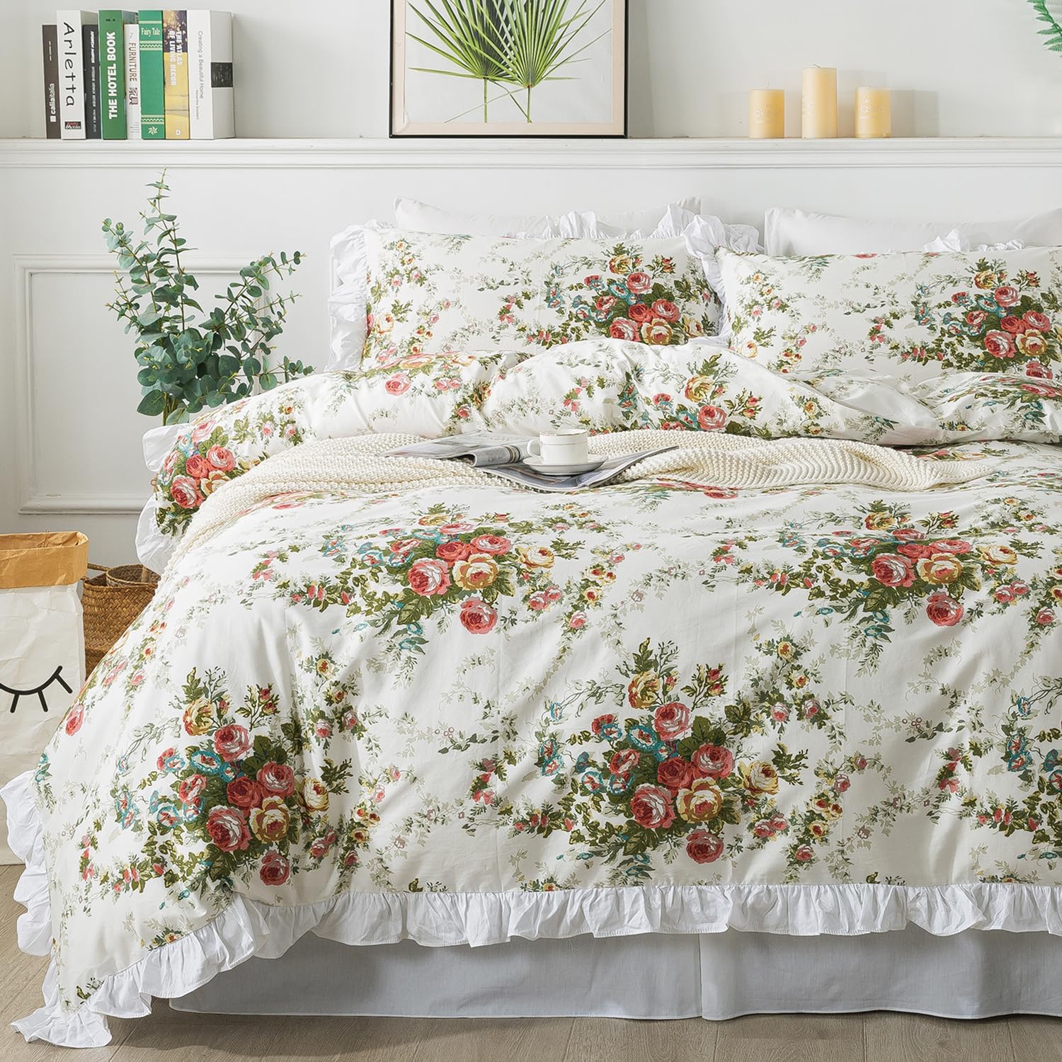 FADFAY Floral Duvet Cover Set Queen Size 100% Cotton Ruffle Vintage Rose Comforter Cover Set, Red Teal Flower Printed Off White Girls Shabby Bed Covers,Soft and Breathable Queen Size, 3 PcsOEKO-TEX STANDARD 100