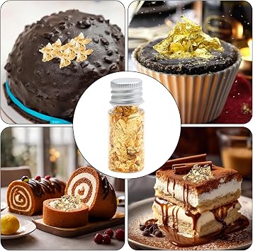 Gold Leaf Flakes 2 Bottled Cake Edible Gold Leaf 24K Decorative Gold Foil Sheets Metallic Gilding Paper Decorating Sprinkles Multi Cupcake Toppers for DIY Craft Kitchen Mousse Icing Cooking Chocolate