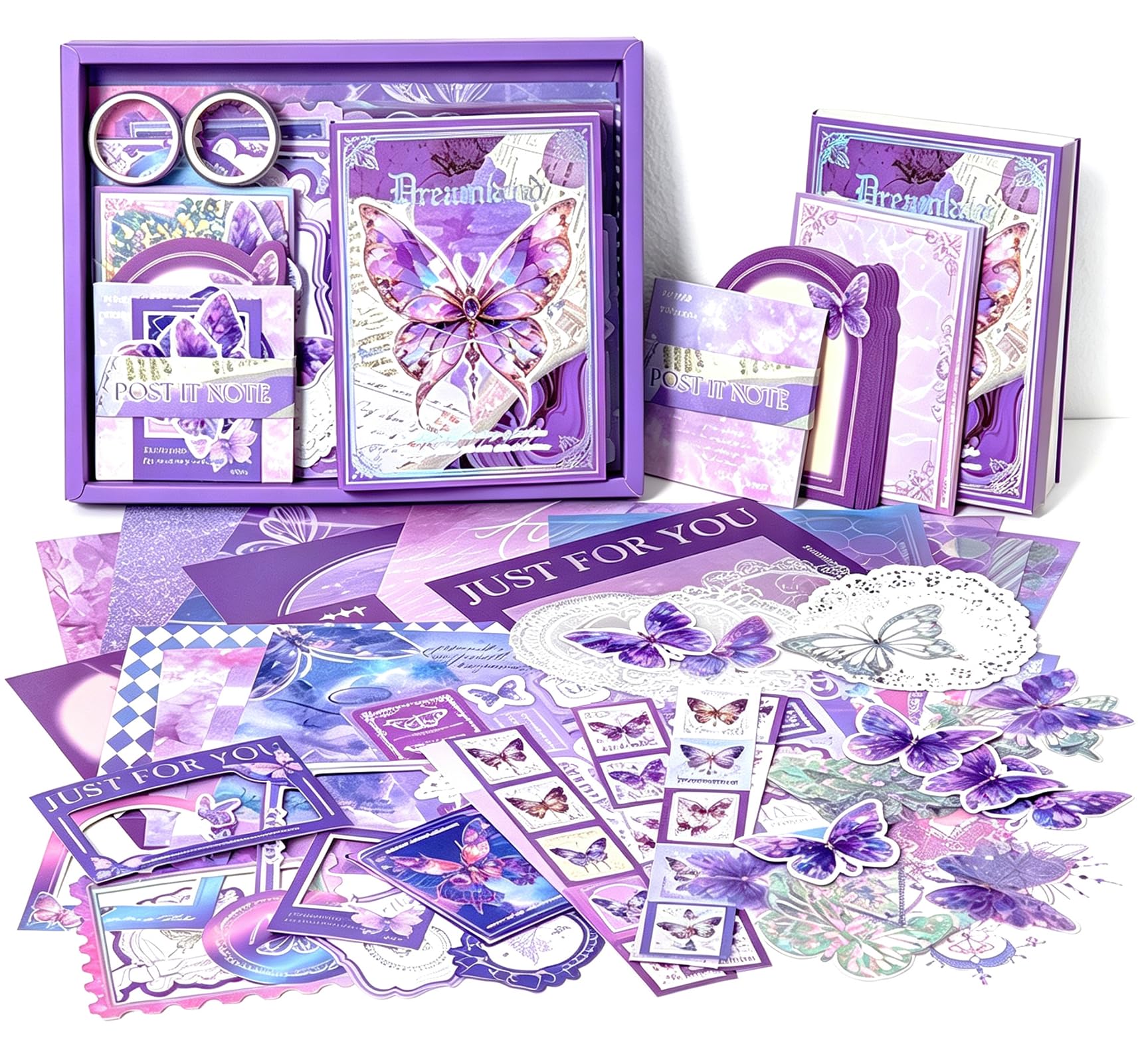 ZODKSNO 321pcs Aesthetic Scrapbook Kit, Vintage Butterfly Scrapbooking Paper Kit with A6 Grid Notebook and DIY Tools for Photo Albums Decoration (Purple)