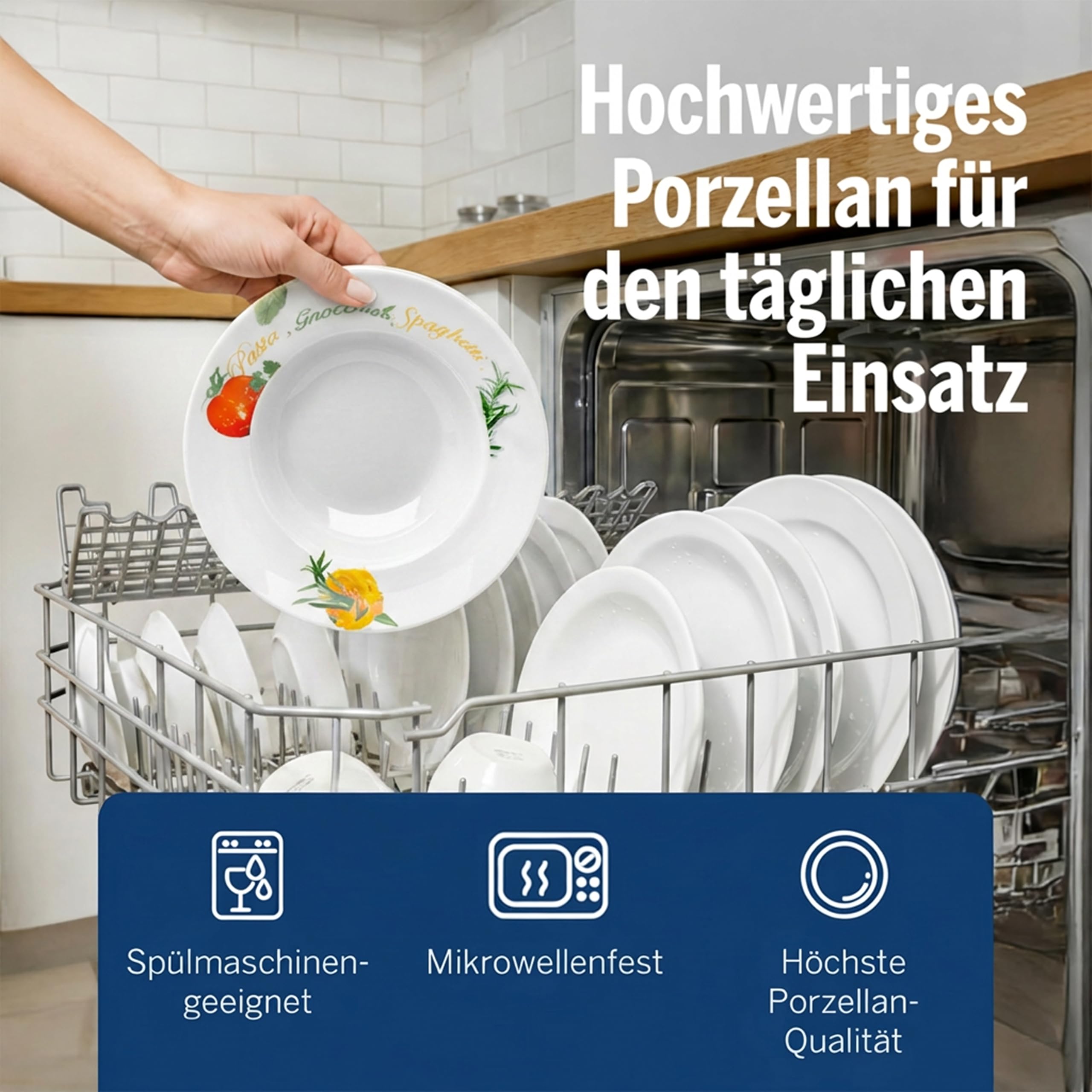 Van Well Milano Pastateller 6er-Set Ø 27 cm – Porzellan Pasta Teller im Milano-Stil – Tiefe Teller für Pasta, Bowls & als Suppenteller – Service & Geschirrset 6 Personen – Robustes Porzellan-Geschirr