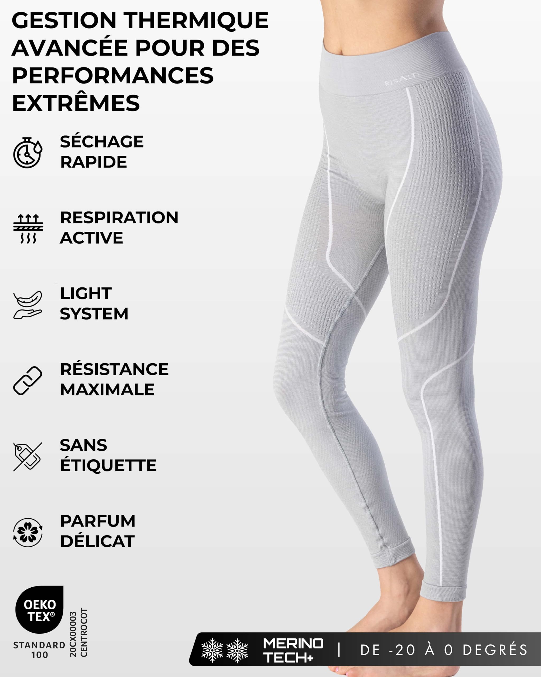 Risalti Collants thermiques pour femme Merino Tech – Pantalon thermique laine mérinos compression sous-vêtements hiver