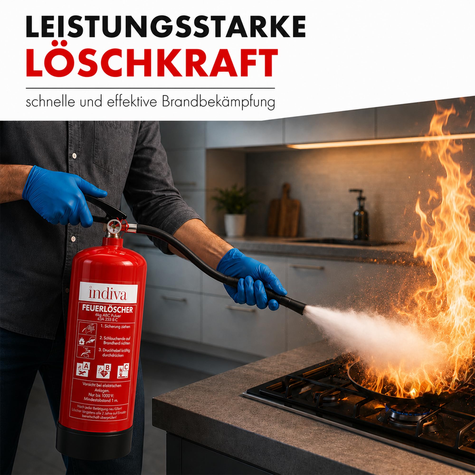 Pulverfeuerlöscher Brandklassen ABC - Feuerlöscher 6kg - Dauerdrucklöscher 43A 233 B C - Löscher für Auto, Büro, Werkstatt, Lager & Industrie - Pulverlöscher 12  Löscheinheiten