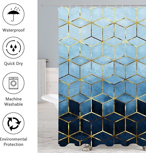 Miniatura 5 de Gibelle Juego de 4 cortinas de ducha de baño con alfombras antideslizantes, cubierta para tapa de inodoro y tapete de baño, líneas cúbicas doradas