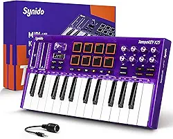 Synido Controlador de teclado MIDI USB C com 25 teclas com 8 pads de bateria retroiluminados, tela OLED, mini teclado MIDI portátil para produção musical – roxo, TempoKEY K25