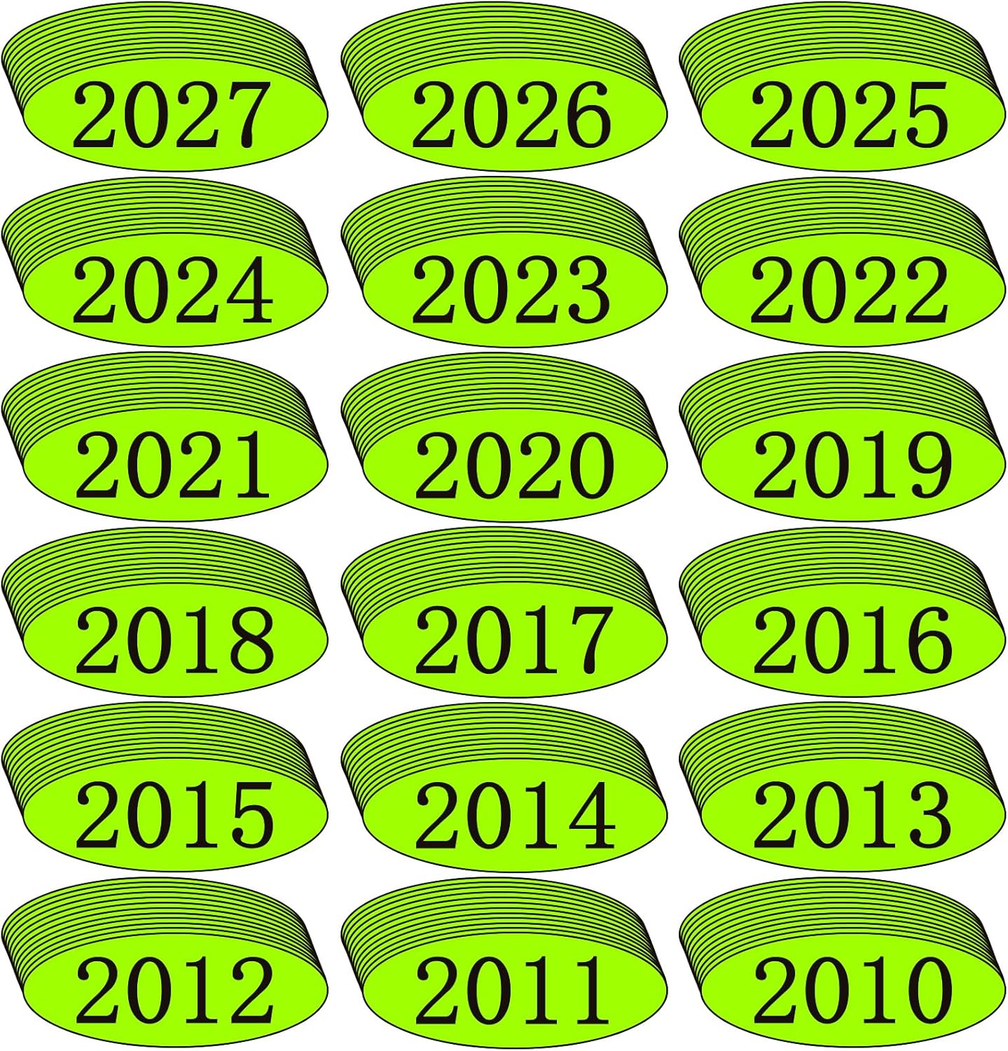 Car Windshield Year Stickers (2010-2027) - 18 Dozen (12 per Year, 216 Total), Chartreuse & Black Large Oval Vinyl - Waterproof, Easy to Remove, Residue-Free - Ideal for Used Car Dealers & Auto Dealers