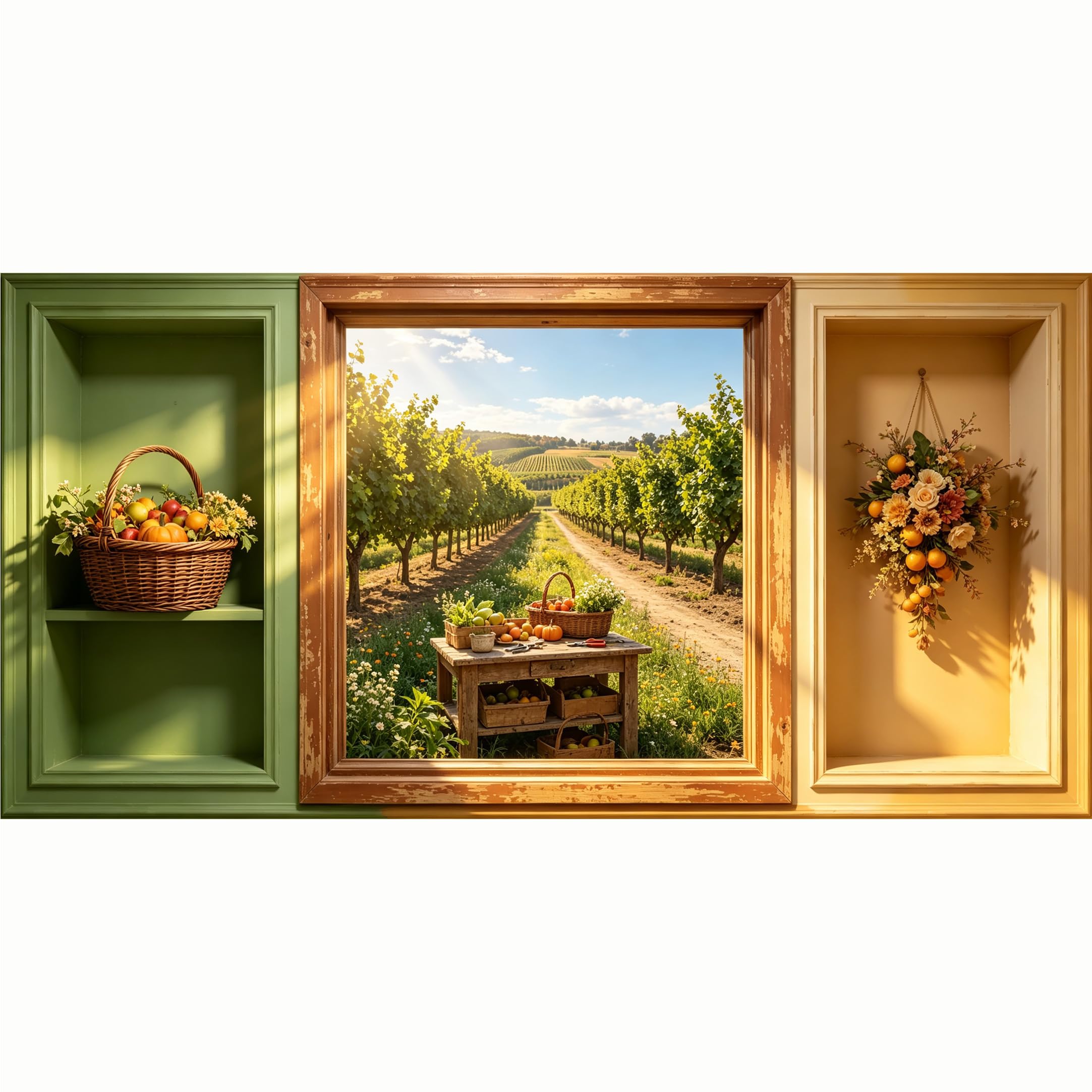 QZLITHOTIC 50x100cm 3D Framed Wall Art， Vineyard Harvest Landscape Farmhouse Style SelfAdhesive Mural， WaterActivated Peel & Stick Fabric Decor Wall Decal for Bedroom Living Room