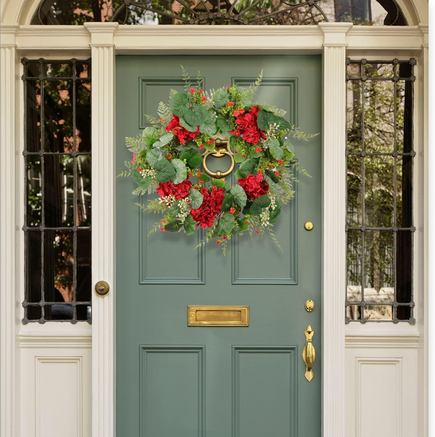 Spring Hydrangea Wreath for Front Door – 20-Inch Red and Green Summer Wreath with Lifelike Ivy, Natural Year-Round Décor