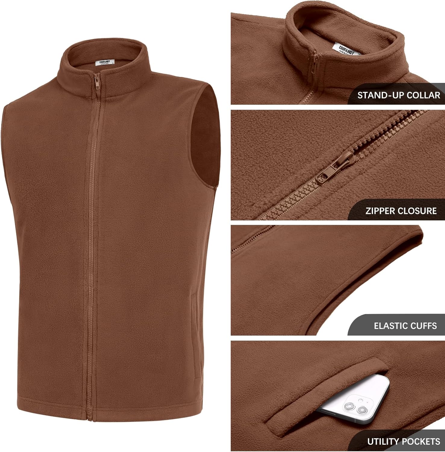 COOFANDY Men's Polar Fleece Vest Lightweight Sleeveless Zip Up Jacket Casual Outerwear Outdoor Golf Vests - Image 5
