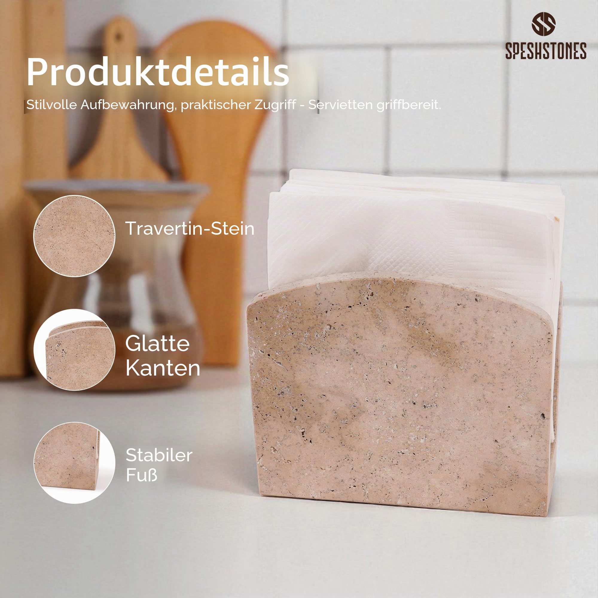Marmor-Serviettenhalter, 16,5 cm, handgefertigter Travertin-Serviettenhalter für den Tisch, Steinpapier-Servietten-Organizer für Küche, Arbeitsplatte und Badezimmer