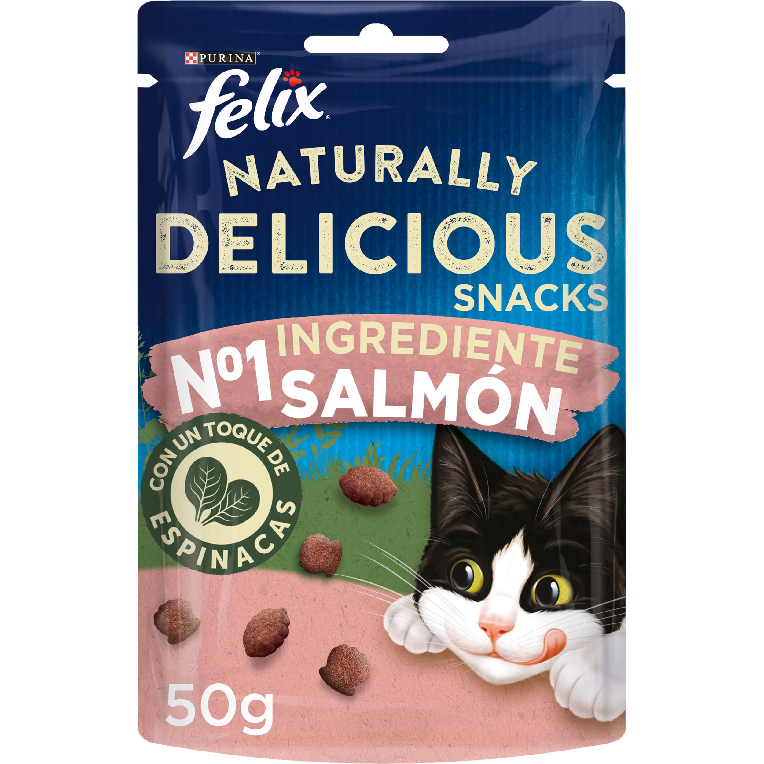 Purina Felix Naturally Delicious, Snacks, premio para Gato con Salmón, 8 bolsas de 50g