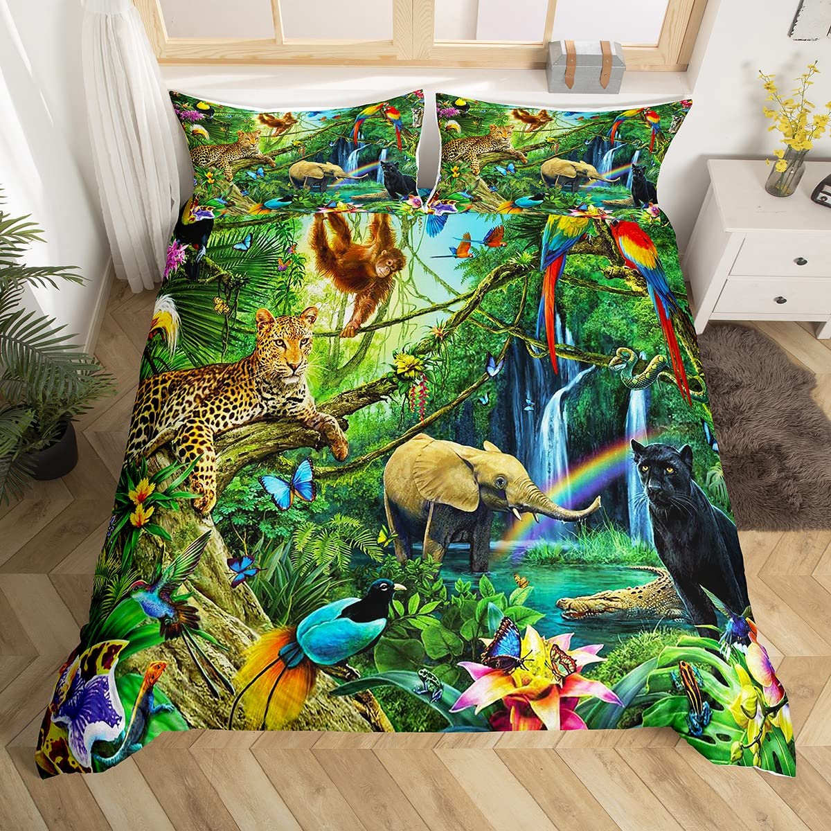 Zoom Thème Housse de Couette Léopard Éléphant Singe Oiseau Parure de Lit 220x240cm Papillon Serpent Botanique Ensembles de Housse de Couette pour Enfants Chambre Décor Avec 2 Taie d'oreiller