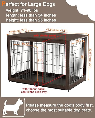 Miniatura 2 de Piskyet Muebles de madera para perros pequeños medianos y grandes mesa auxiliar para jaula de perros con bandeja puertas dobles de alambre de madera